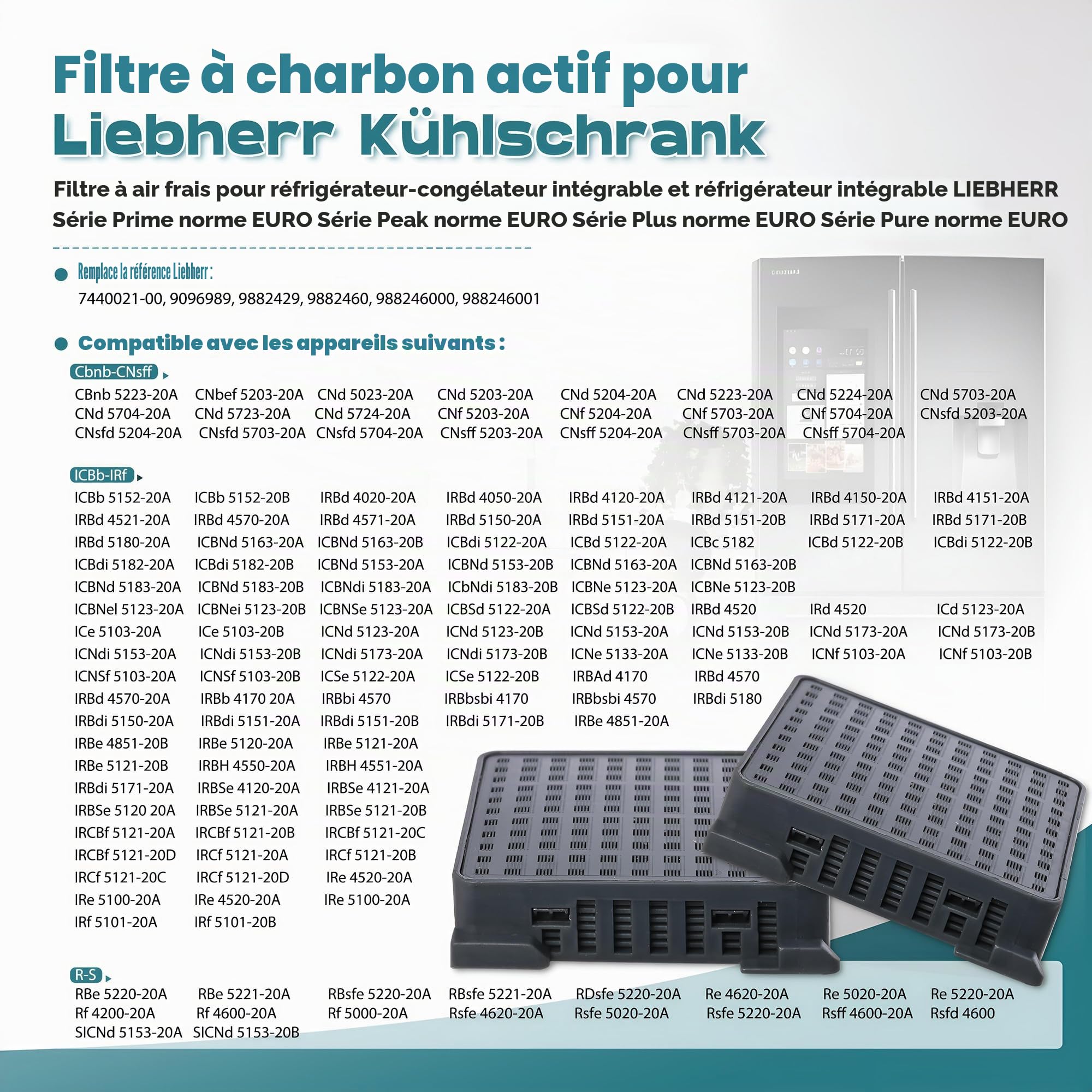 Lot de 4 filtres à charbon actif pour réfrigérateurs Liebherr 9096989 9882460 9882429 988246000 Fresh Air pour réfrigérateurs Liebherr 7440021-00