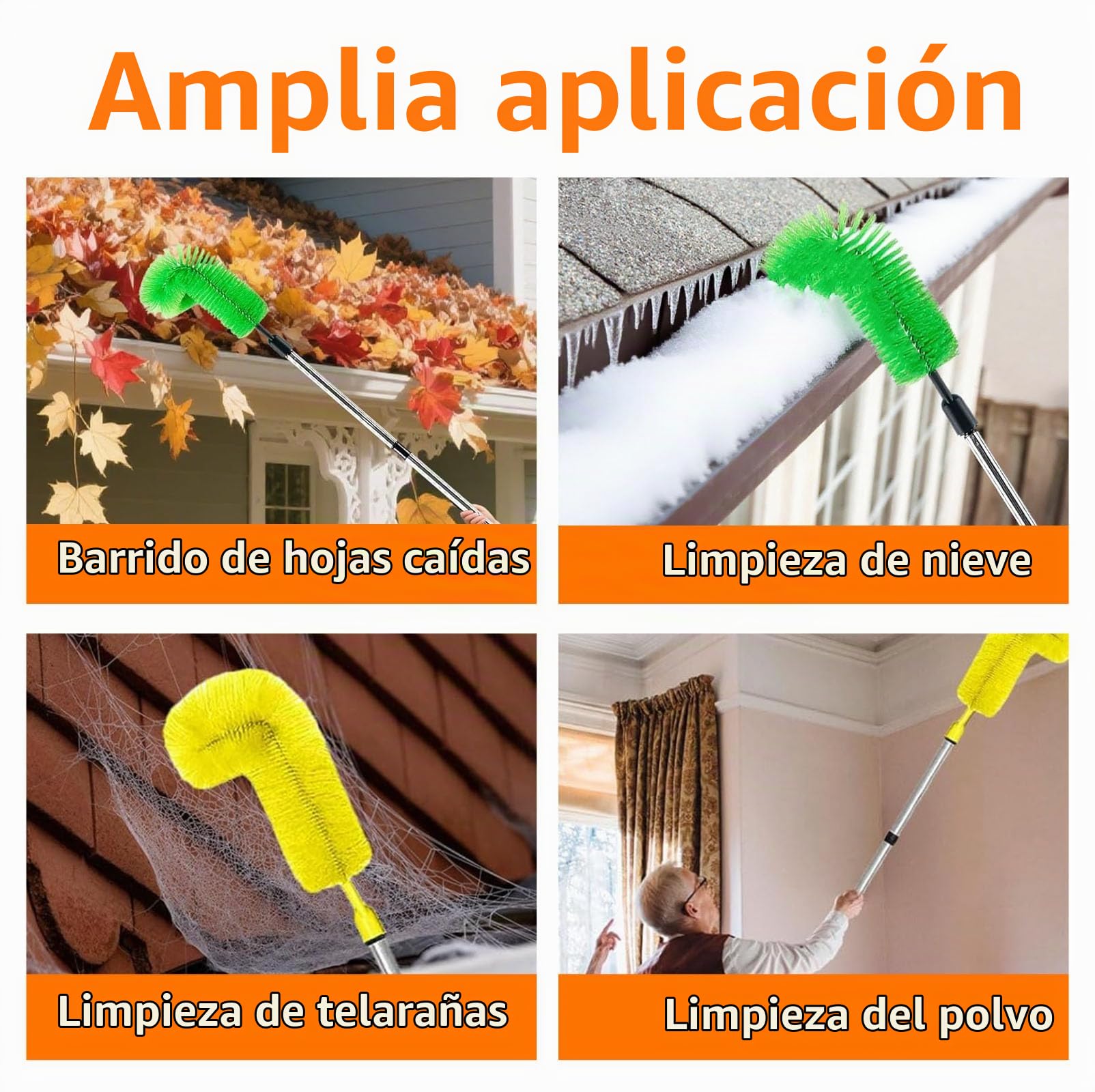 Herramienta Limpieza Canalones con 8 Poste Telescopico Acero Inoxidable, Limpiador Hojas Techos Extensible 310 cm, Cepillo Limpiar Nieve Tejado (Verde+ Amarillo)