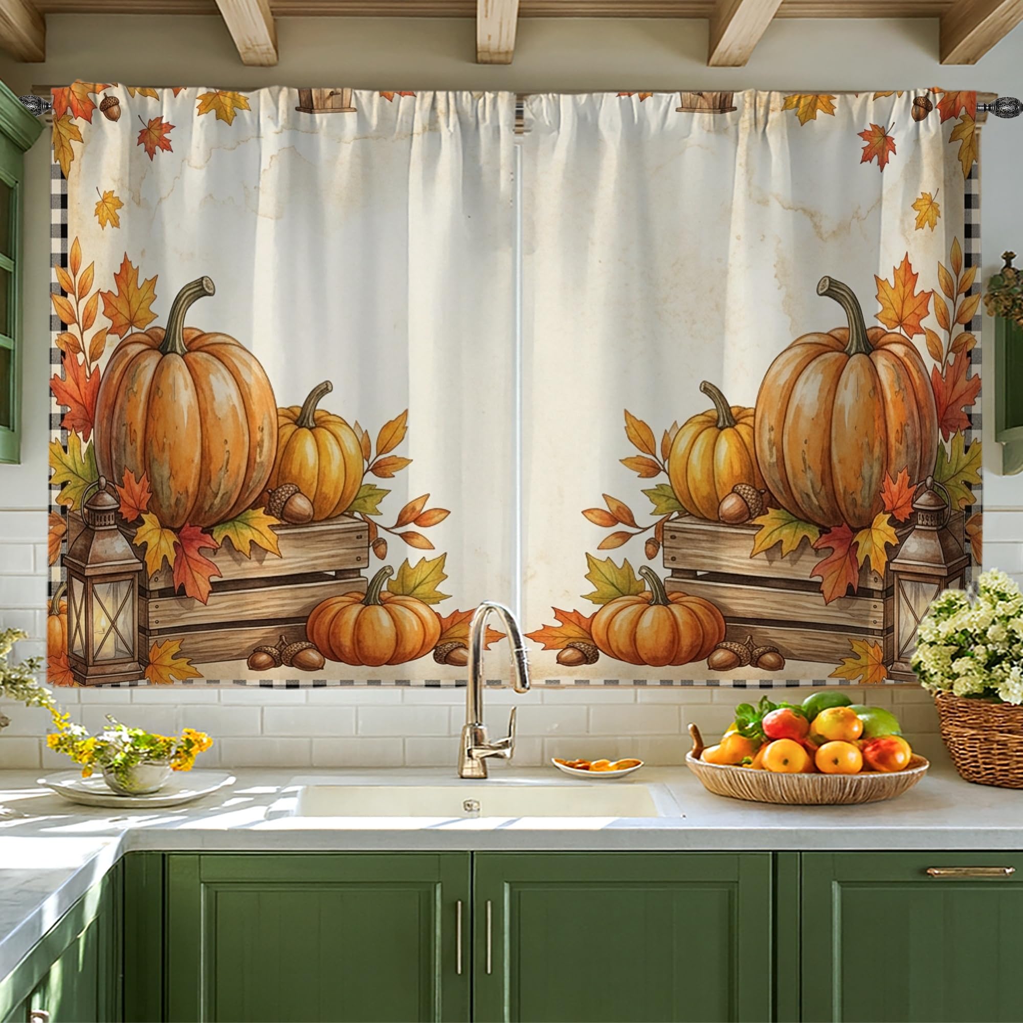 Rideaux de cuisine citrouilles rustiques en feuille de campagne pour évier 106x114 cm