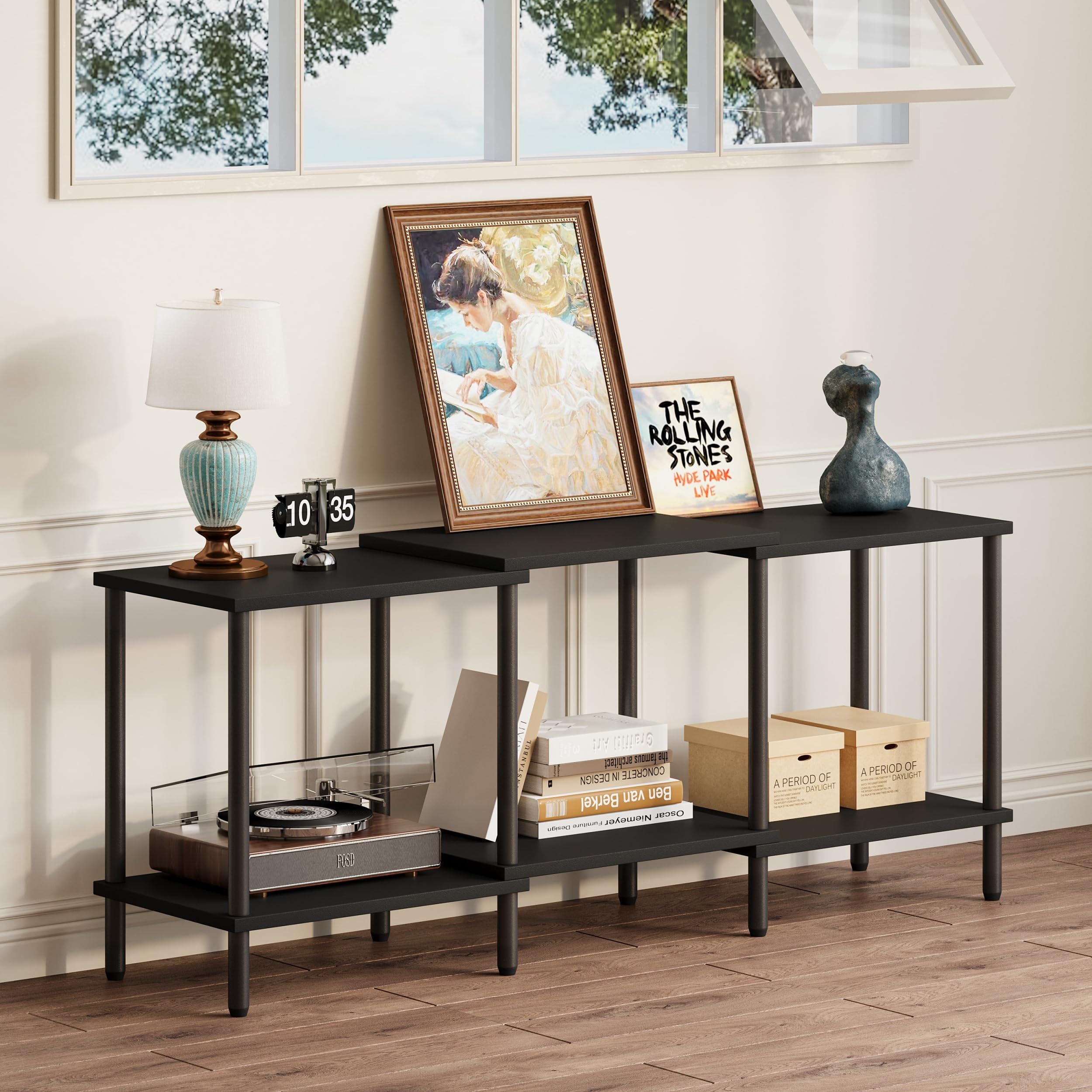 TV Schrank TV Board Sideboard Fernsehtisch aus Holz 2 Ebenen offene Fächer für Wohnzimmer und Schlafzimmer Schwarz LTS107BK