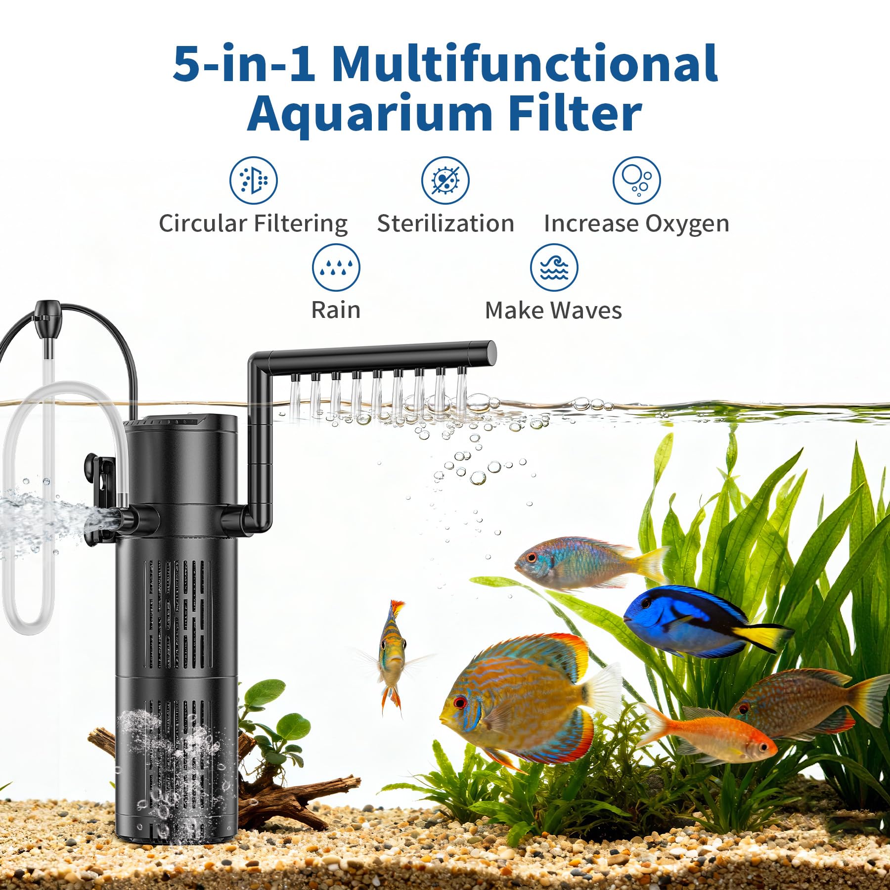 Filtro de Acuario mit 6W UV Esterilizador，5 en 1 Filtro Pecera Interno con Flujo Ajustable para Acuarios de 20-1500 L (800L/H)