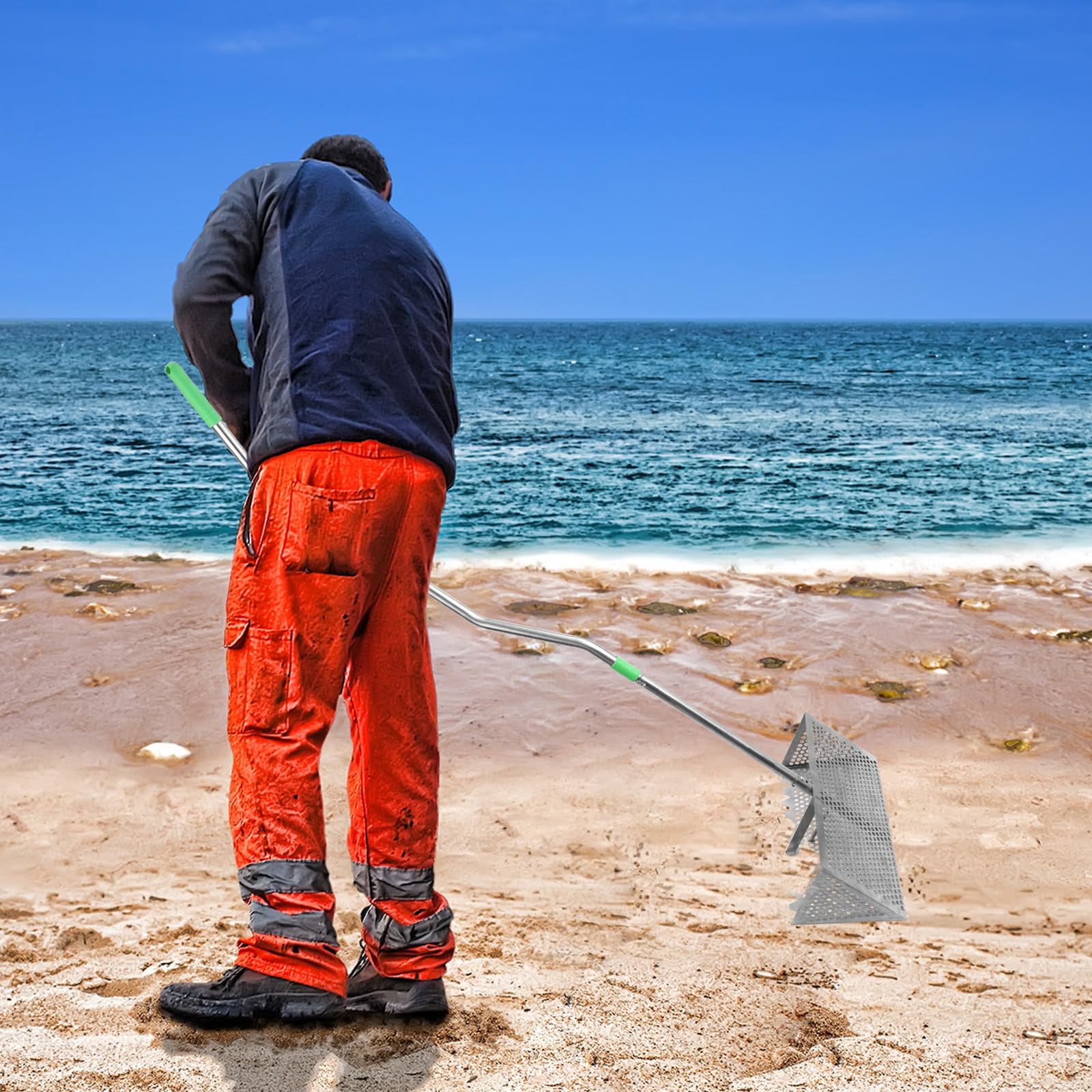BOXOB Grabie do Zbierania Pcheł na Plażę, Odłączana Łopatka Zbierania Pcheł na Ryby Ostre Zęby Szeroki Kosz Grabie Plażowe Trwała Łopata Przesiewania Piasku Praktyczne Narzędzia do Znajdowania