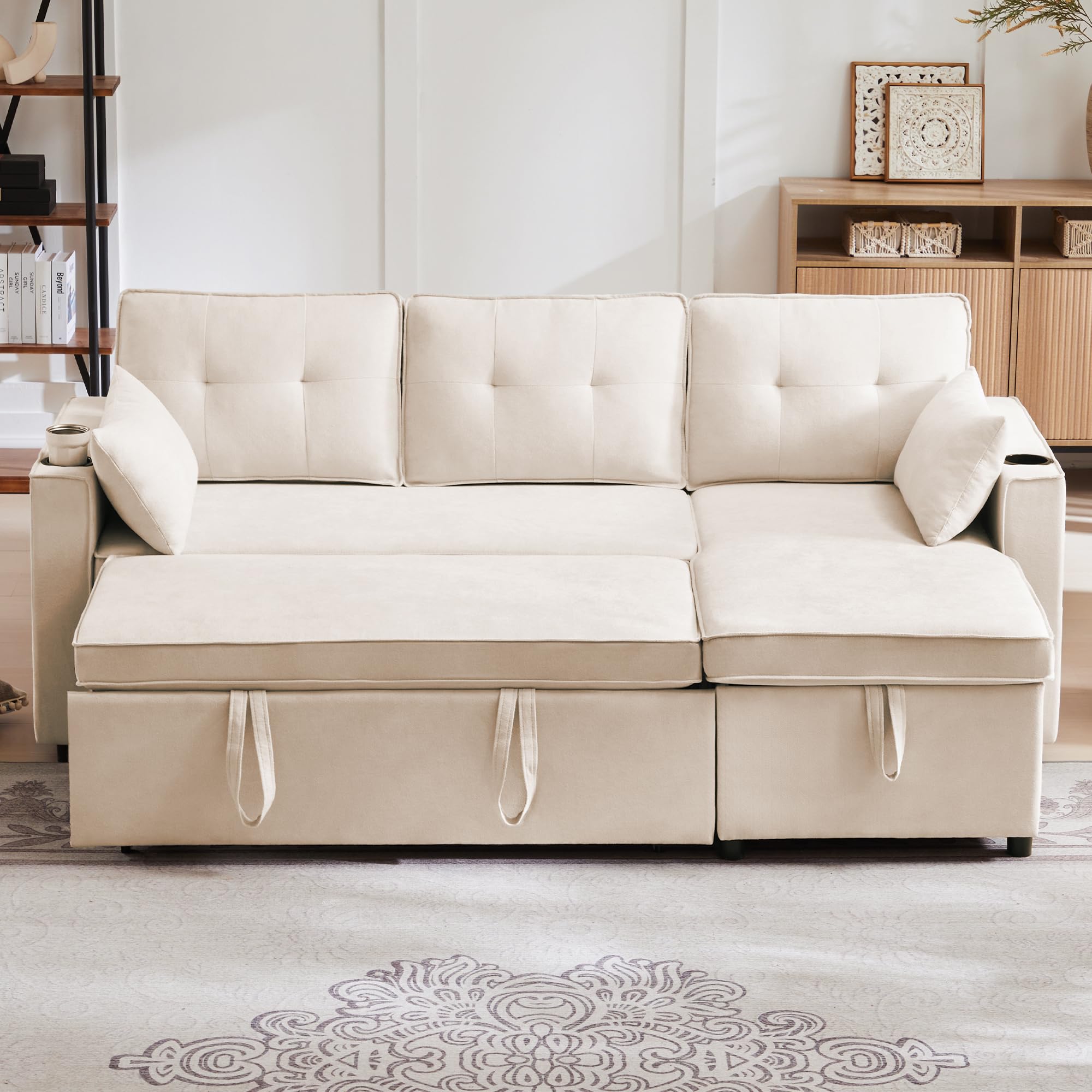 Divano Letto angolare in Cotone e Lino, Soggiorno, Beige, 211x129.5x86 cm