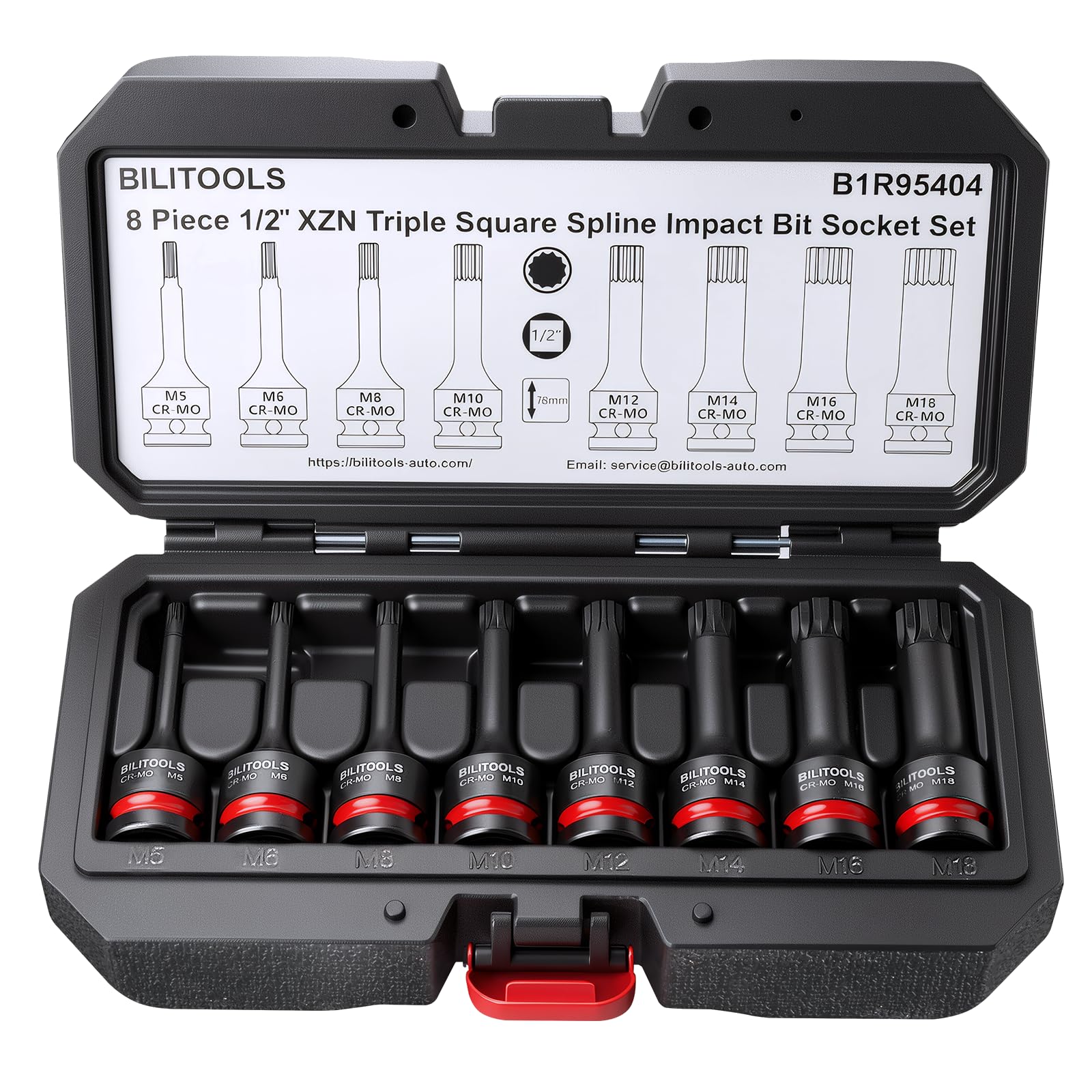BILITOOLS Impact XZN - Set di 8 chiavi a bussola quadrate triple con attacco da 1/2", M5-M18, acciaio Cr-Mo