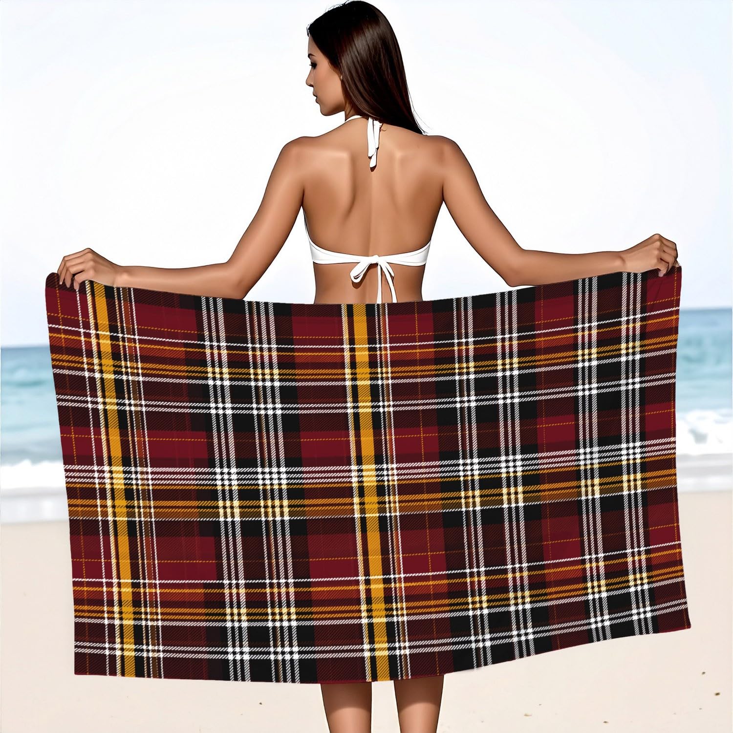 Générique Serviette de Plage Microfibre 200 x 100 CM,Drap de Plage Style Britannique, Campagne, Robuste, Couverture de Plage Absorbante,Couverture de Bain Ruban à Carreaux, Motif Tartan