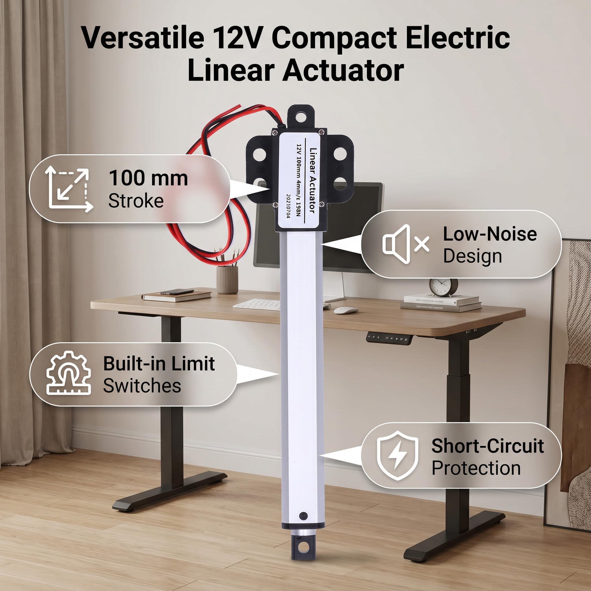 Mini Attuatore Lineare Elettrico 12V 100mm con Interruttore Fine Corsa Basso Rumore Forza 150N Velocità 4mm/s