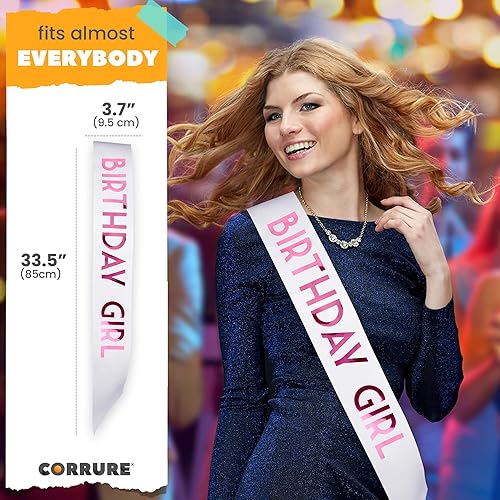 Miniatura 4 de CORRURE Banda de cumpleaños con lámina rosa, banda blanca satinada suave para mujer, banda de feliz cumpleaños para dulces 16, 18, 21, 25, 30, 40,