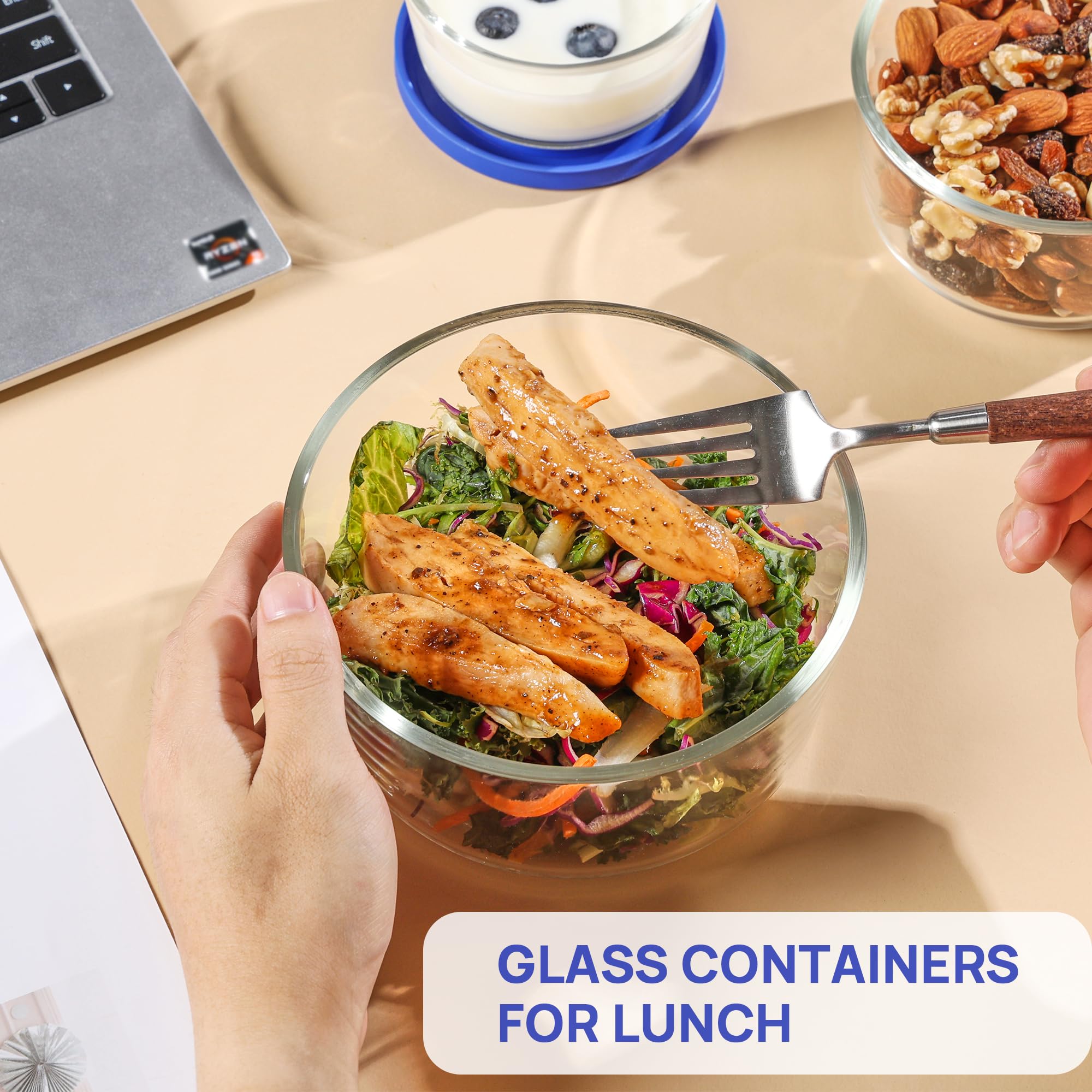 Paquete de 4 cuencos de vidrio con tapas (1, 2, 4, 7 tazas), recipientes de almacenamiento de alimentos, preparación de comidas y sobras, contenedor de almuerzo, apto para microondas, 5