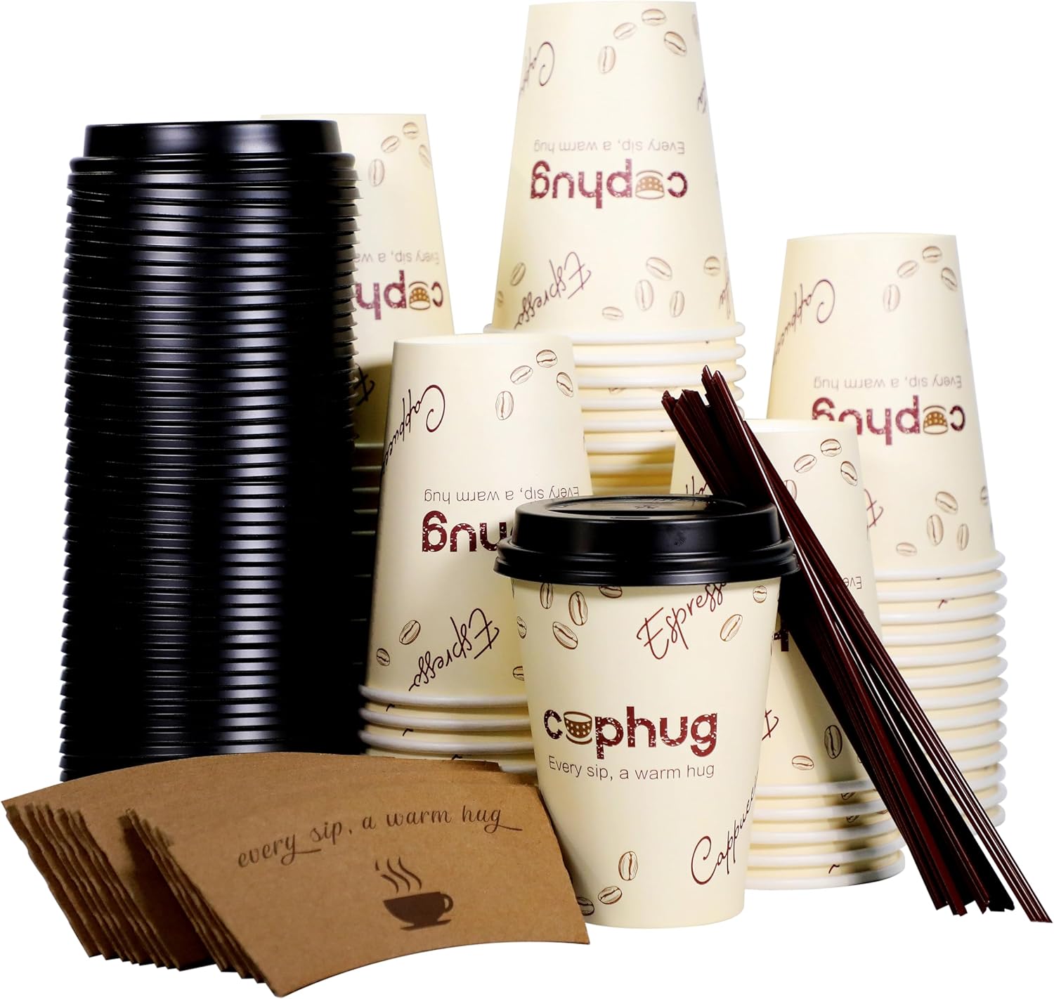 100 Pack 12 oz Coffee Cups with Lids, To Go Paper Cups with Sleeves and Stirring St...