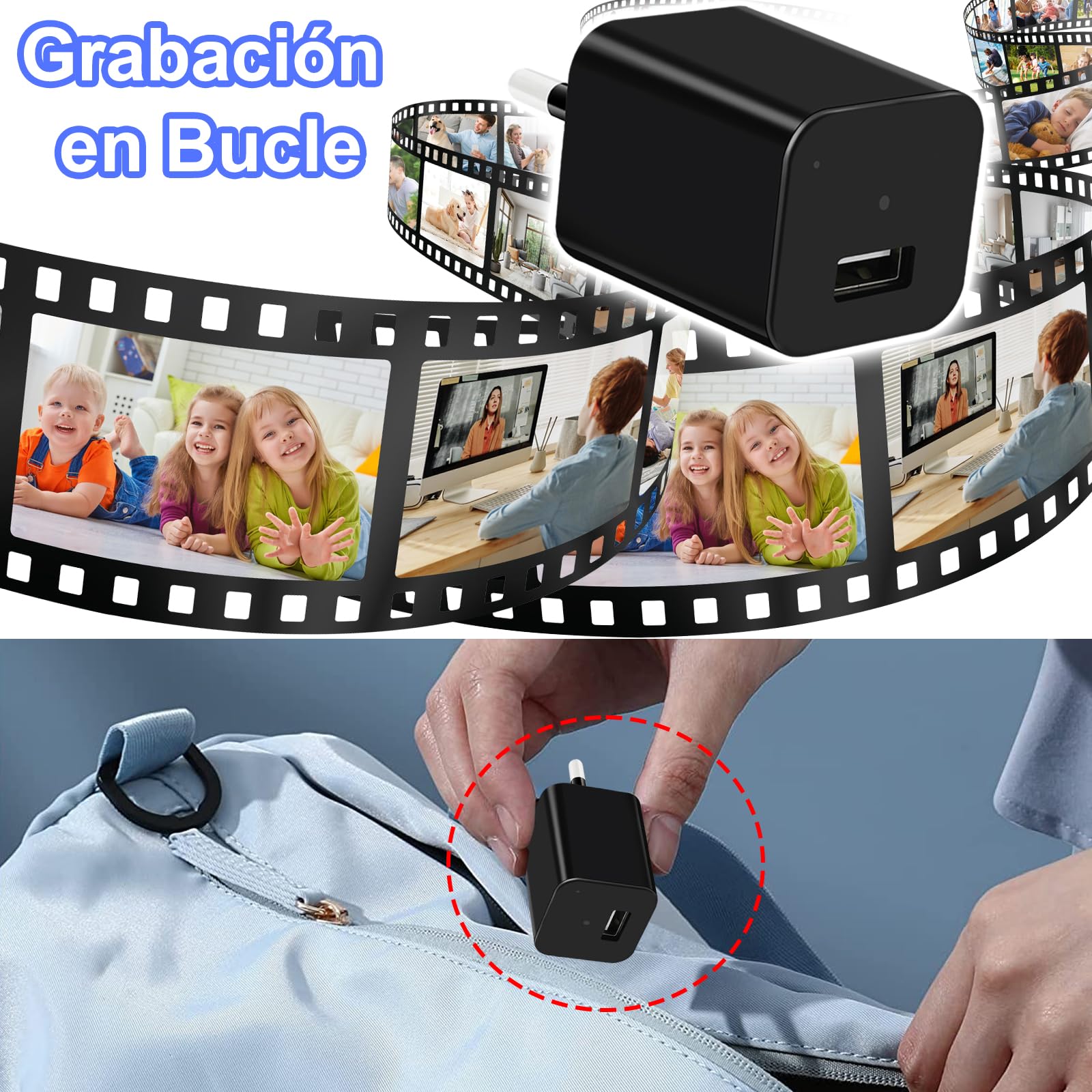 TANGMI Camara Espia Cargador USB 1080P HD Oculta | Sin WiFi, Grabacion Bucle, Deteccion Movimiento, Invisible, SD 128GB, Plug and Play