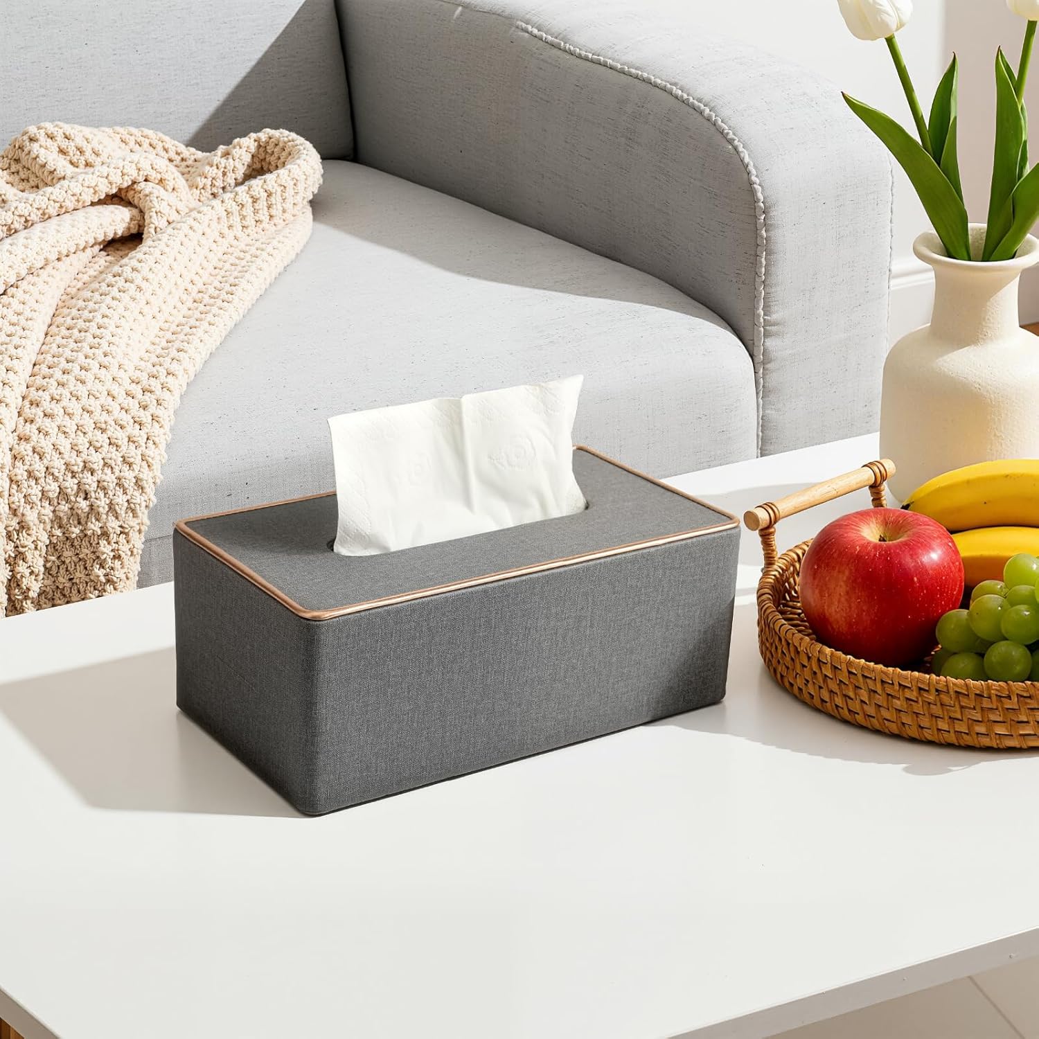 4 Pack Rectangular Tissue Box Cover, Beige PU Leather Tissue Holder for Standard Facial Tissues, Decorative Rectangle Napkin Tissue Box Case for Bathroom, Living Room, Bedroom, Office, Home Décor