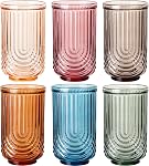 JOVGANK Pink Vintage Drinking Glasses Set of 6-14Oz Pink Glass Drinking Glasses, Art Deco Ripple Highball Glass, Whiskey Cocktail Glasses, for Bar Coffee Juice, Housewarming and Mother's Day Gift