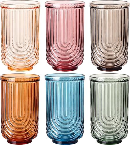 Miniatura 11 de Juego de cristalería vintage rosa de 6 a 14 onzas, vaso de agua rosa Art Deco Ripple Highball, vasos de cóctel de whisky, para bebidas de bar, jugo