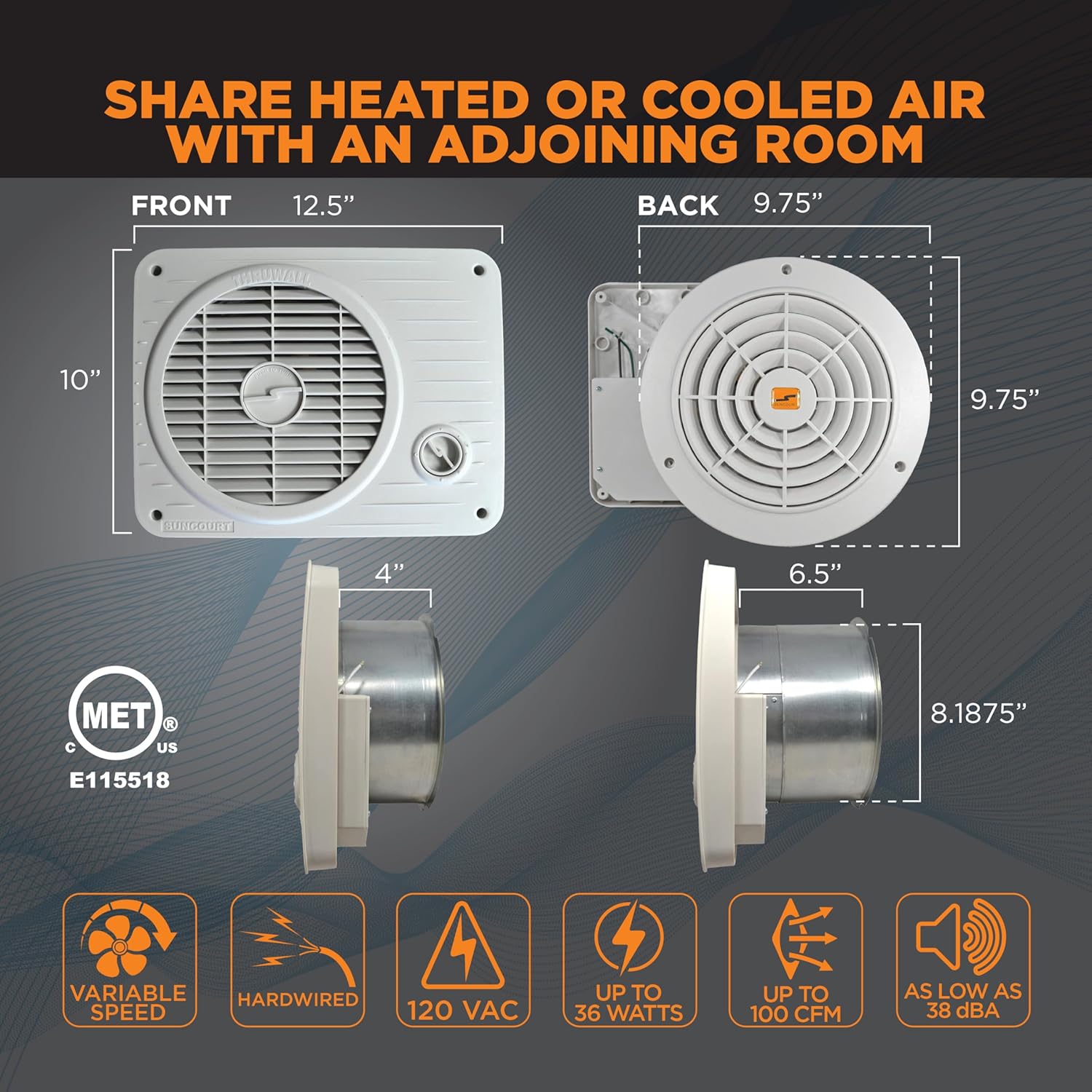 Suncourt ThruWall Room-to-Room Transfer Fan — Quiet Through Wall Vent Fan Improves Air Circulation Between Rooms Up To 200 Sq. Ft. | Hardwired, Variable Speed Dial (TW208)