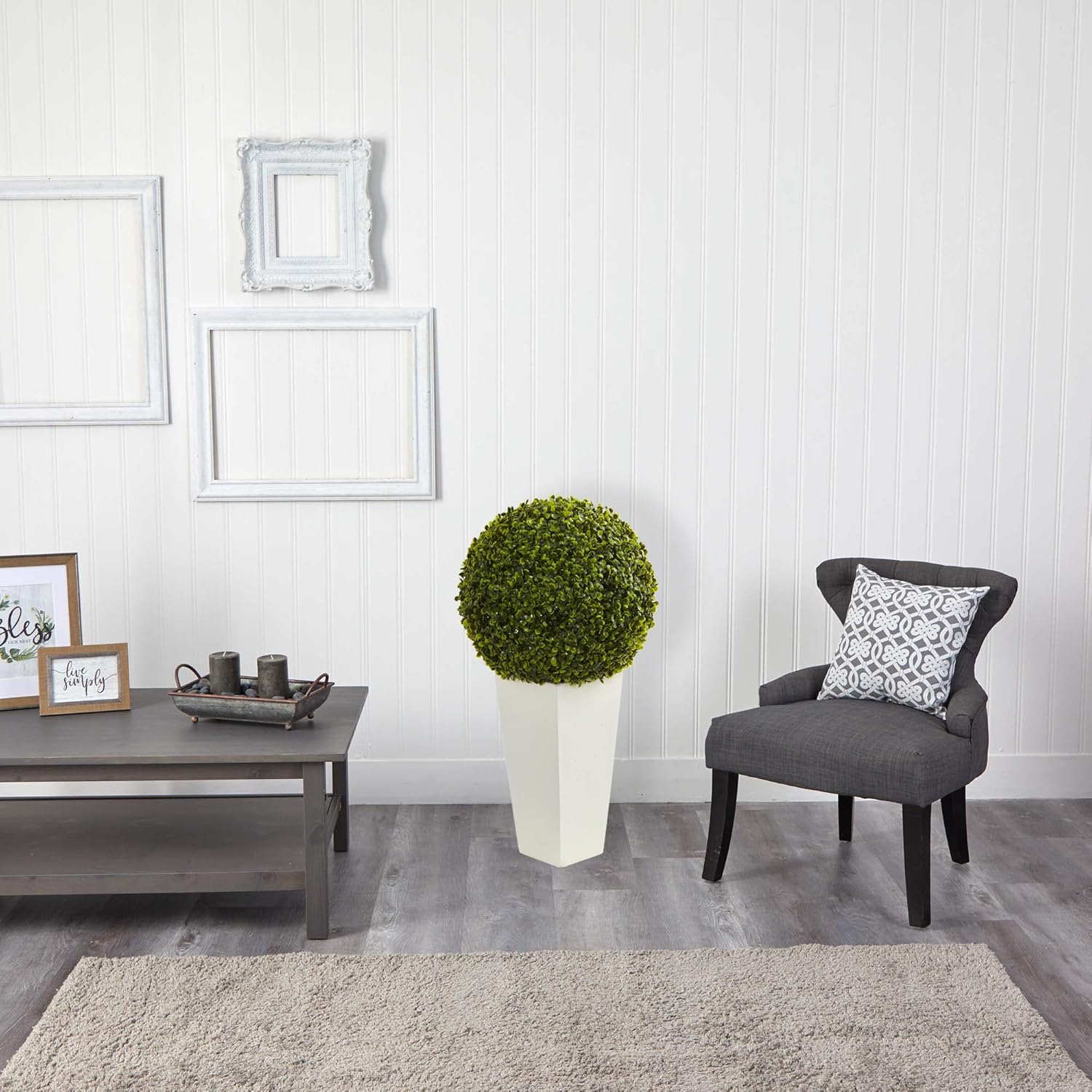 Nearly Natural 28in. Boxwood Topiary Ball Artificial Plant in White Tower Planter (Indoor/Outdoor)