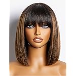 LUVME HAIR 10 Inch Yaki Straight Bob Wig with Bangs Human Hair Glueless HD Lace Bob Wig with Brown Highlights, Ready to Go Short Wigs For Women 180 Density (Breathable Cap)