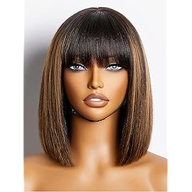 LUVME HAIR 10 Inch Yaki Straight Bob Wig with Bangs Human Hair Glueless HD Lace Bob Wig with Brown Highlights, Ready to Go Short Wigs For Women 180 Density (Breathable Cap)