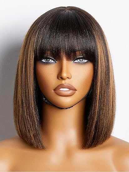 LUVME HAIR 10 Inch Yaki Straight Bob Wig with Bangs Human Hair Glueless HD Lace Bob Wig with Brown Highlights, Ready to Go Short Wigs For Women 180 Density (Breathable Cap)