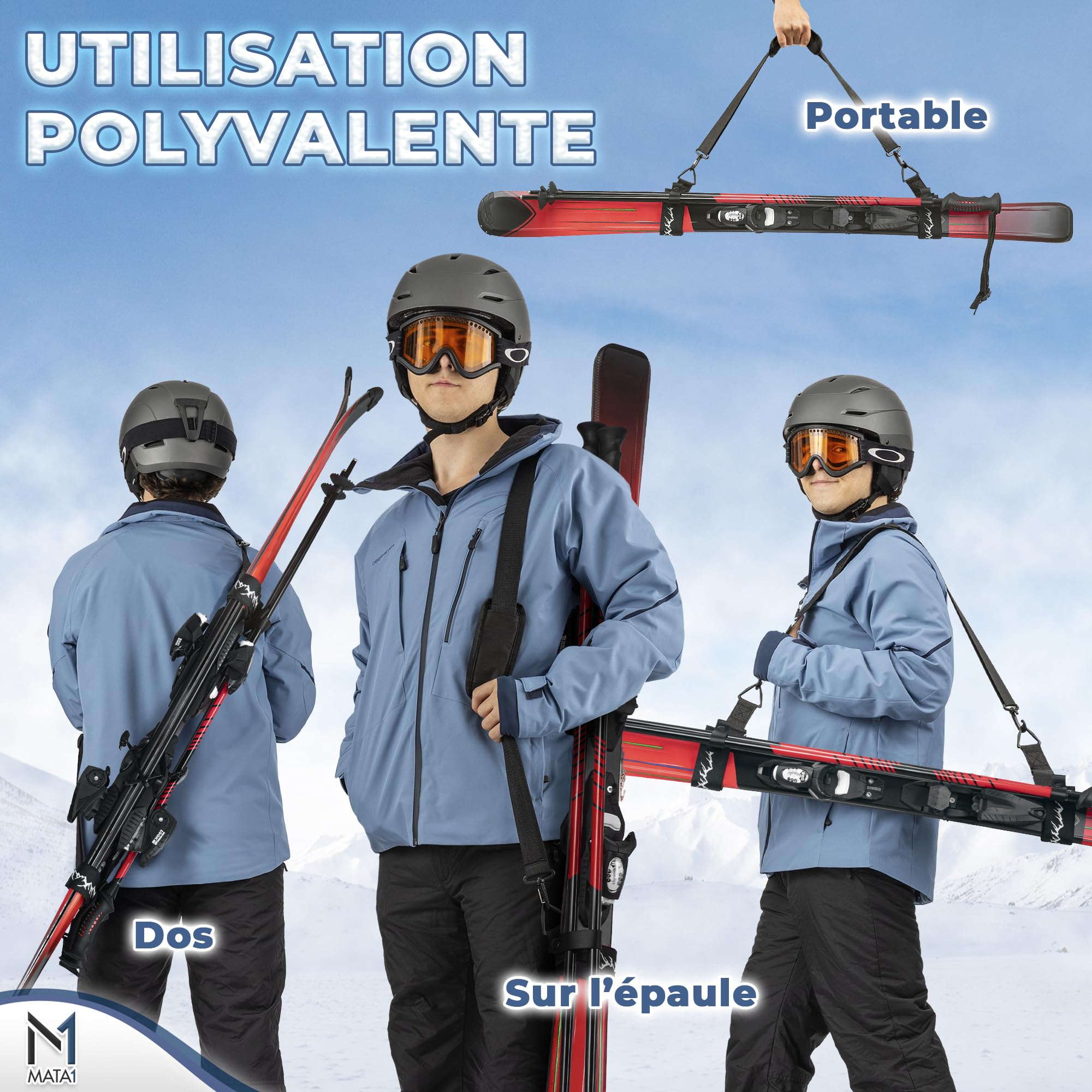 Sangle de Ski Porte-bâtons Noir Bandoulière réglable Transport Skis Bâtons