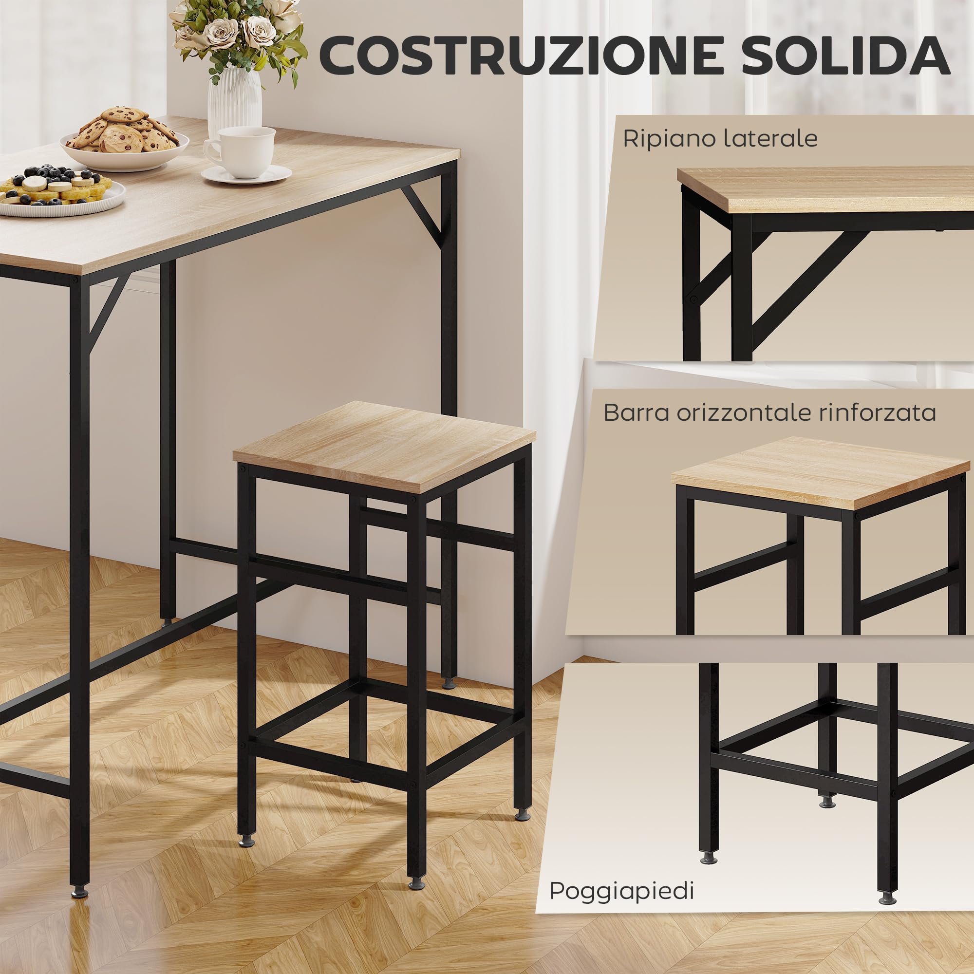 HOMCOM Set Tavolo Moderno da Cucina, Tavolo Alto con 4 Sgabelli Stile Industriale, Metallo e Legno, Arredamento Moderno, Soggiorno e Cucina, 100Lx60Px88Acm, Rovere Chiaro