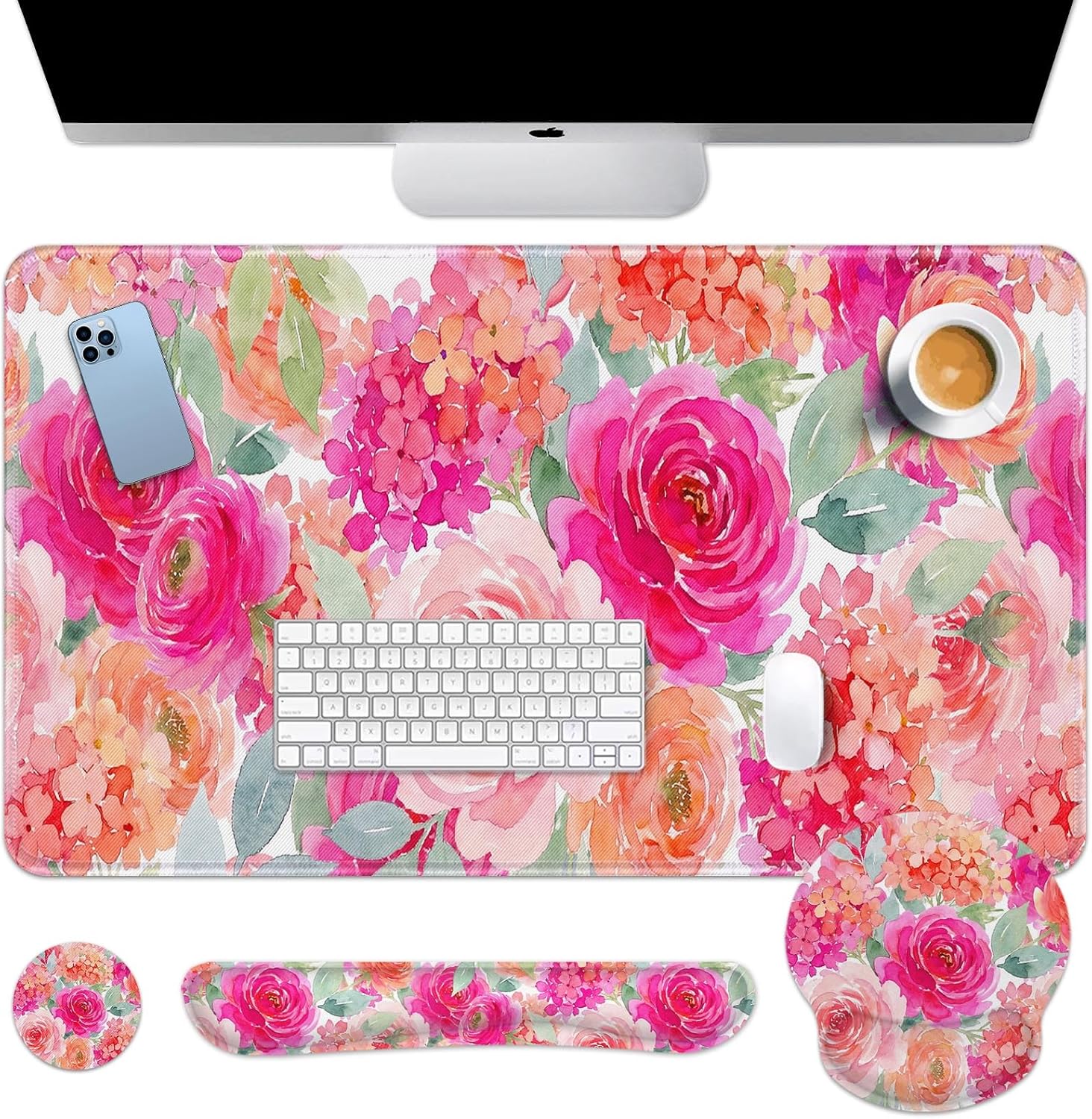 Arttown Flower Floral Pink Desk Mat, Peony Spring Summer Mouse Pad Set 4-in-1 Large Mousepad+Keyboard Wrist Rest+Mouse Wrist Rest+Coaster with Ergonomic Design, Non-Slip Mat