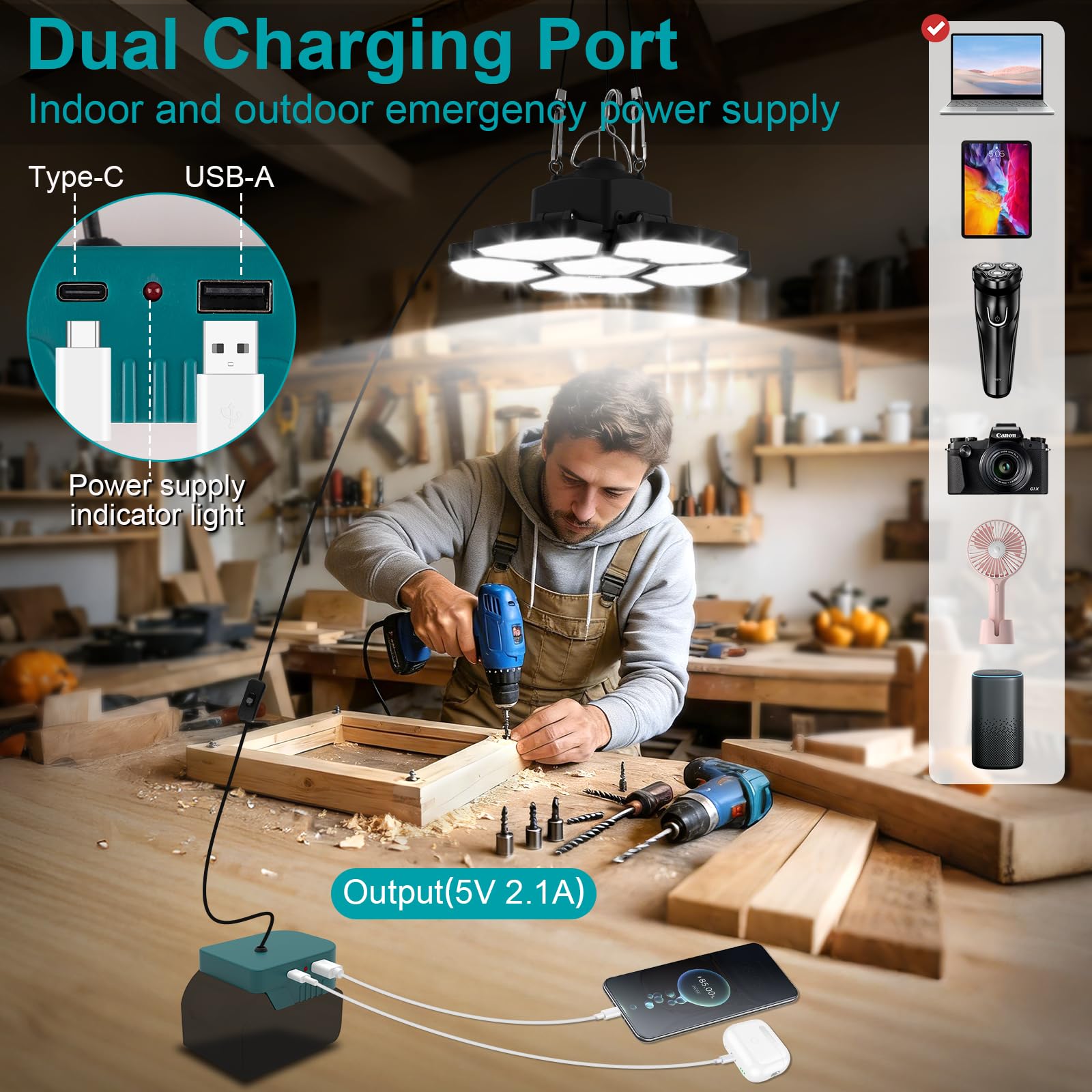 T-SUN 2000LM Lampe Suspendue LED Compatible avec Ma-kita 18V, Suspension LED 65W, 2 Modes d'éclairage, 6000K Lampe de Camping Portable avec USB et Type-C pour Jardin Chemins Garage(Sans Batterie)