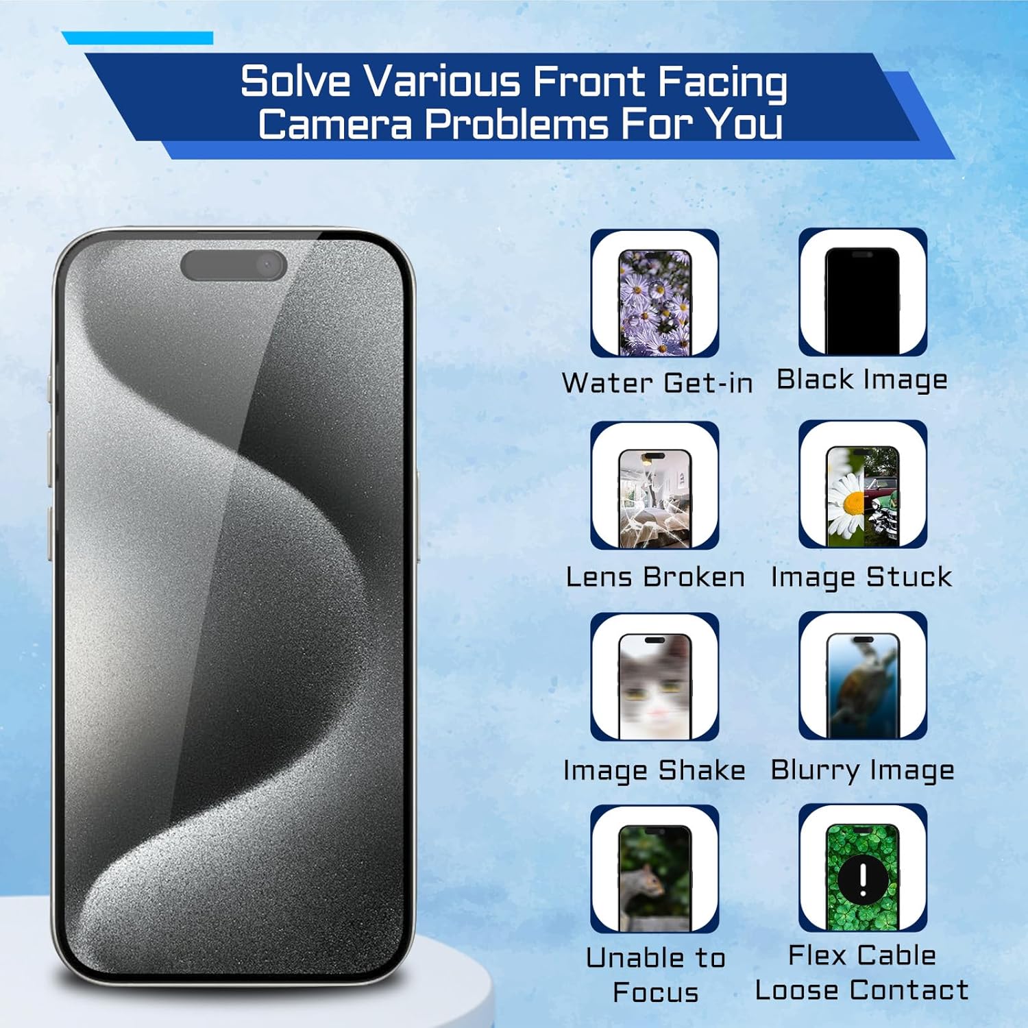 for iPhone 15 Pro Front Facing Camera Replacement Selfie Camera 15pro OEM 12MP Front Camera Flex Cable Module Proximity Sensor Repair with Fix Tools Kit A3102 A2848 A3101 A3104