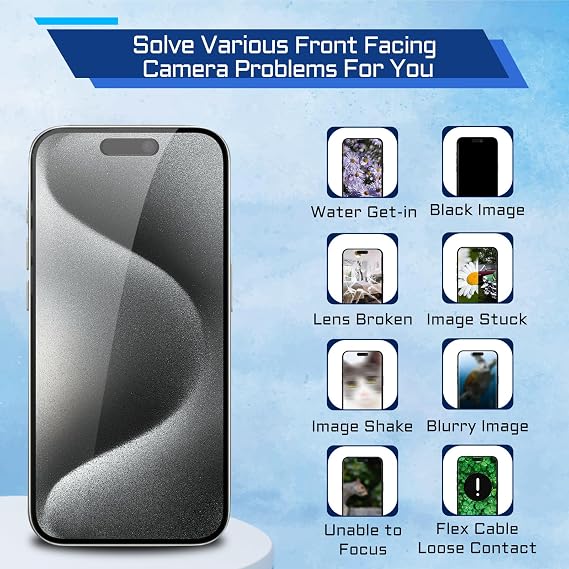 for iPhone 15 Pro Front Facing Camera Replacement Selfie Camera 15pro OEM 12MP Front Camera Flex Cable Module Proximity Sensor Repair with Fix Tools Kit A3102 A2848 A3101 A3104