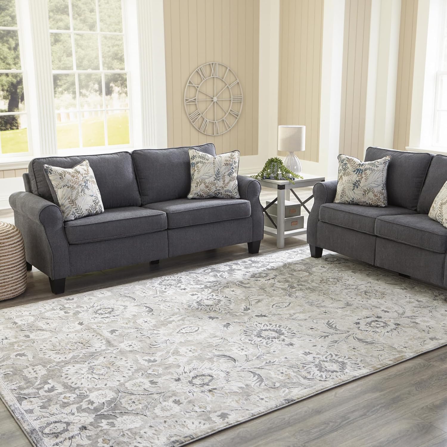 Signature Design by Ashley Kilkenny Traditional 8 x 10 Medium Pile Botanical Themed Rug, Cream, Gold & Gray