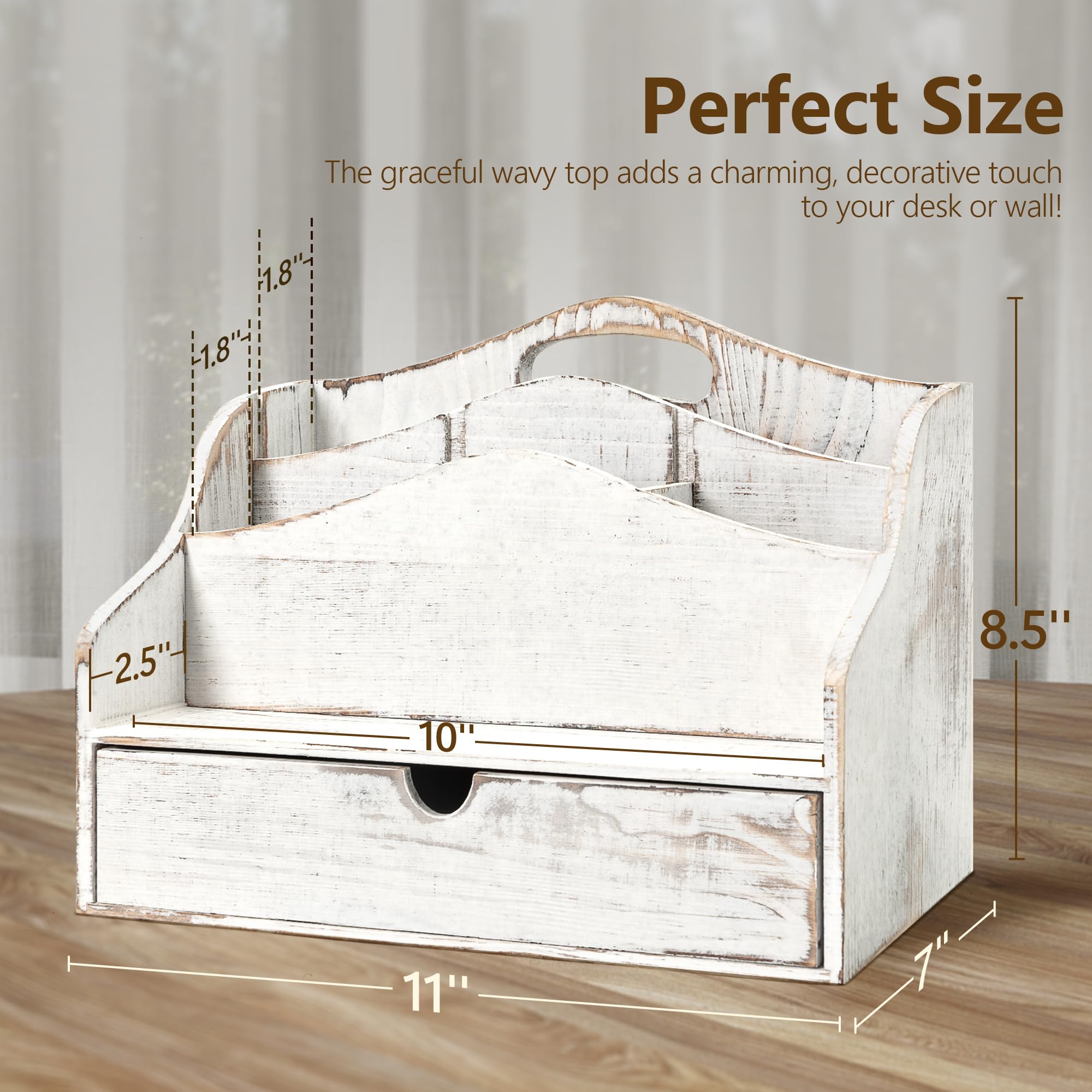 Organizer per posta da scrivania, in legno di pino, stile retrò, con cassetto e divisori, con 4 scomparti, per documenti e accessori da ufficio, organizer per ufficio per la decorazione della casa