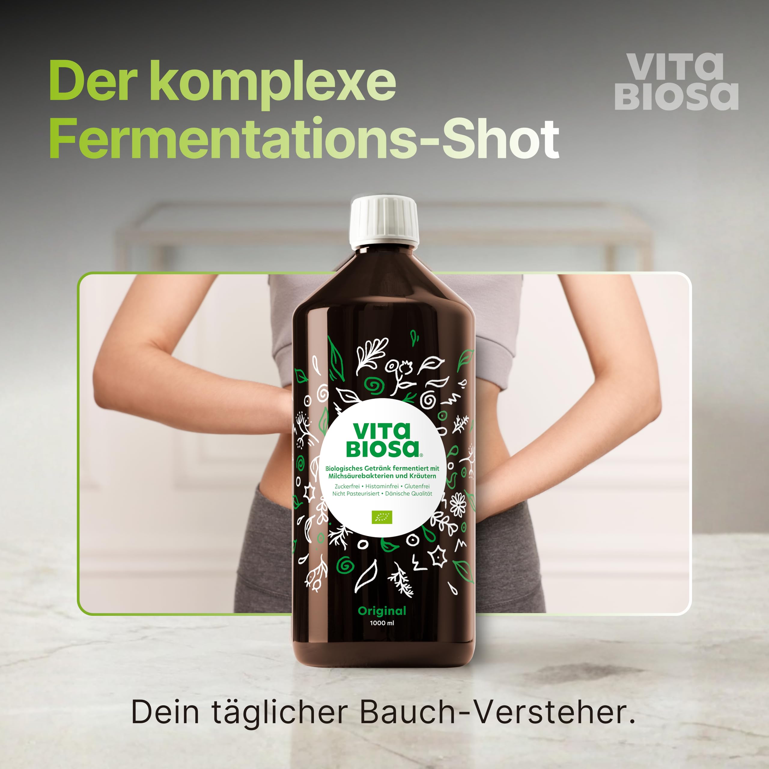 Vita Biosa Kräuter Bio Fermentgetränk 1 L – frisch und sauer – aktiven Milchsäurekulturen und 19 Kräutern aus kontrolliert biologischem Anbau – vegan, zuckerfrei, laktosefrei, Bio-Qualität