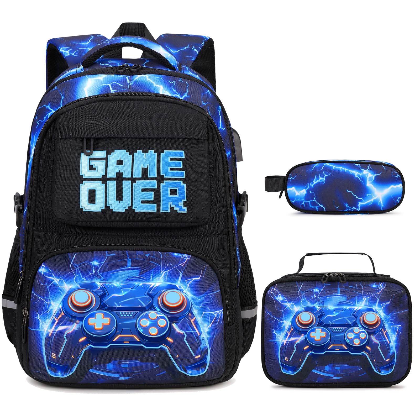 Boys Backpack for School 3PCS Cool Luminous Backpack for Boys with Lunch Bag Pencil Case Kids Bookbag Teen