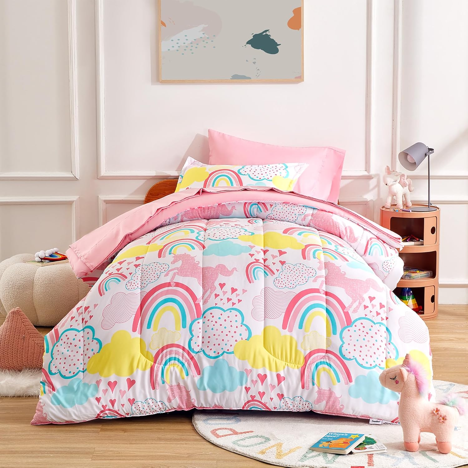 Sonive Kids Bedding Sets for Girls Queen/Full Size, Ultra Soft and Fluffy Bed in a Bag, Wash Super Soft Microfiber Comforter Bedding 7 Pieces, Rainbow Unicorn