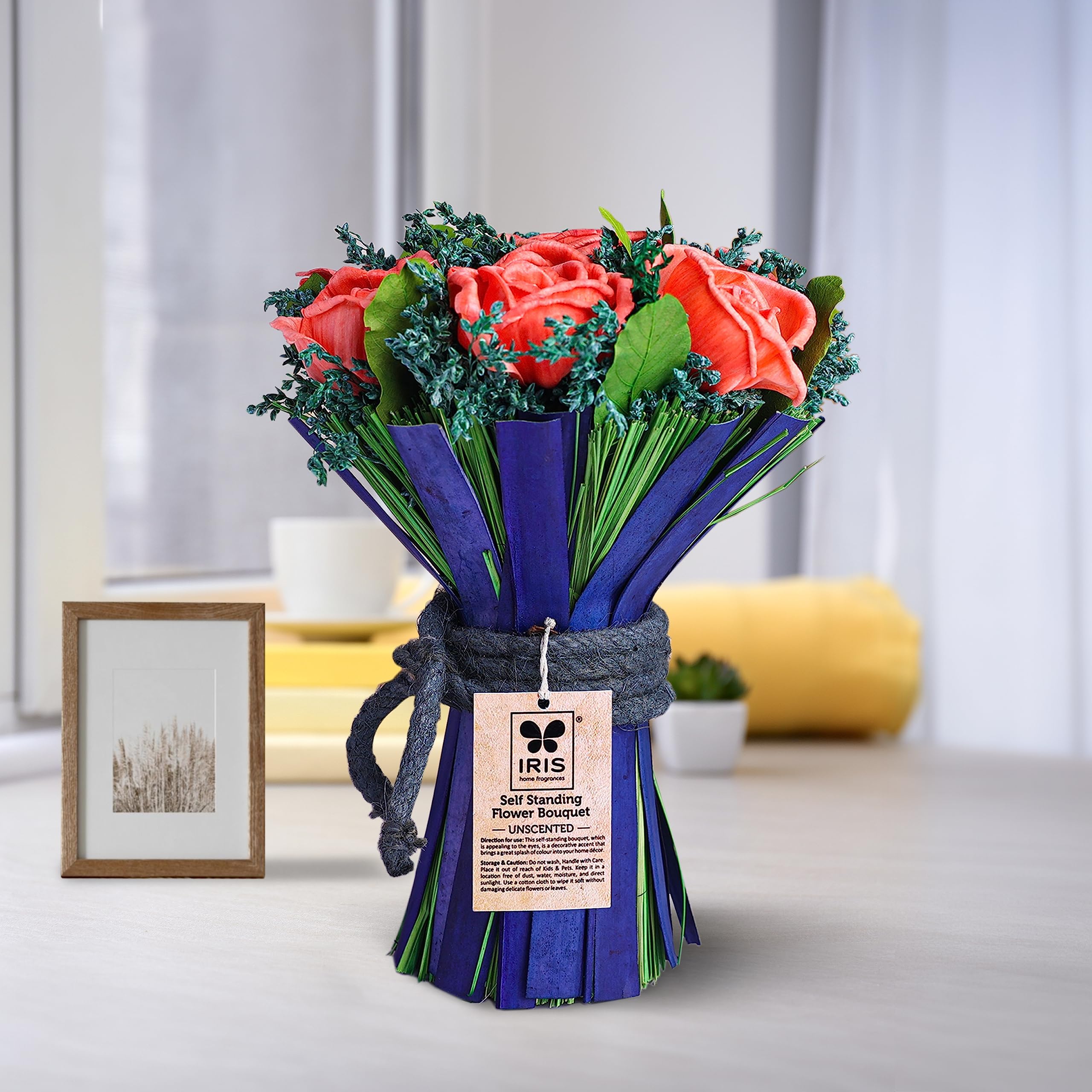 IRIS Home Fragrances Artificial Flowers Self Standing Yellow Flower Boquet- Wood- Unscented- 250G For Birthday/Anniversary/Welcome/House Warming/Wedding Gift Or Home. (Peach)