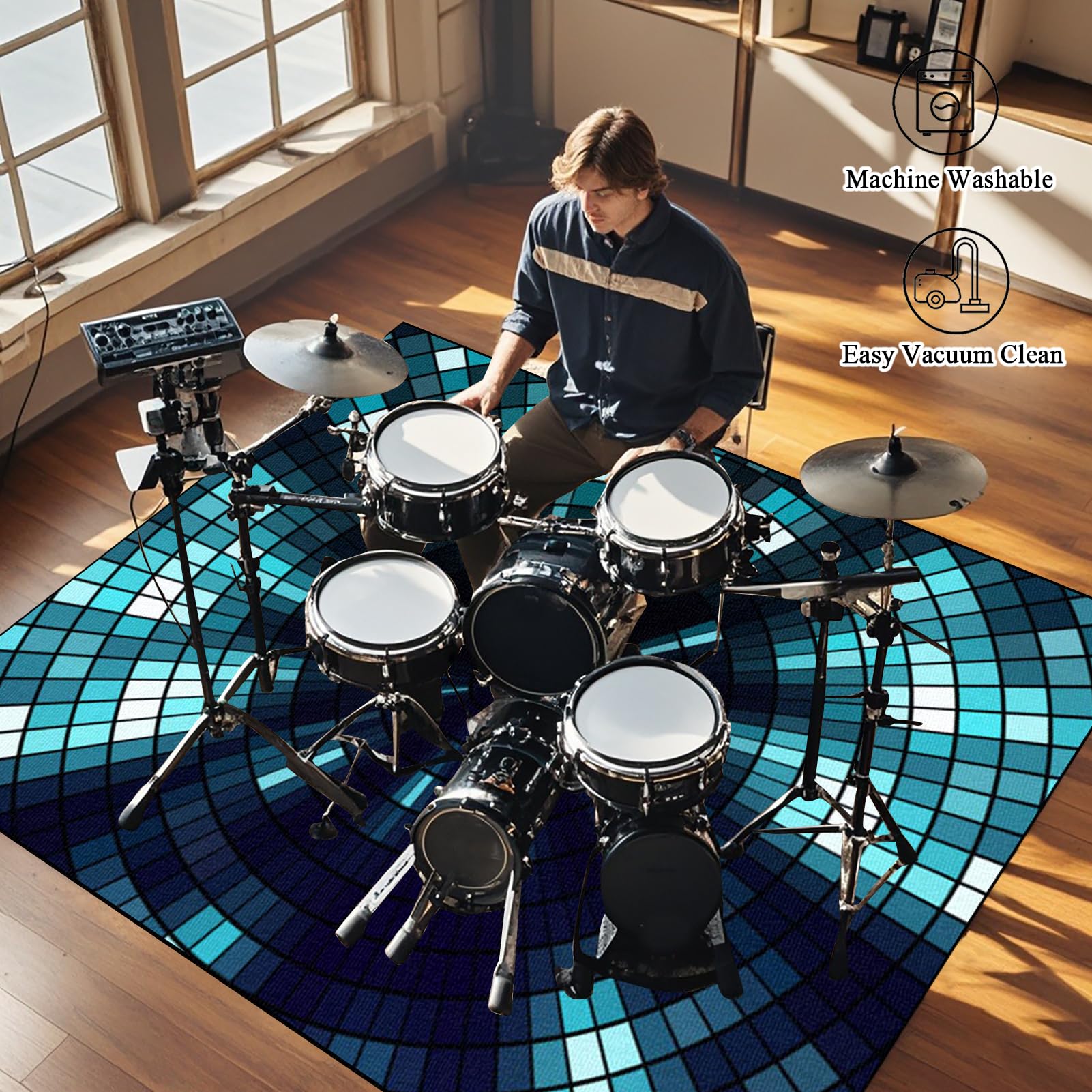 Drum Rug Trommel Teppiche Schallschutz Teppichmatte, Drum Teppich, 160 x 150 cm rutschfeste Drum Matte für Akustik Schlagzeug Drum Kits Bass Drum Elektronisch Snare Klavier Musikinstrumente Teppich