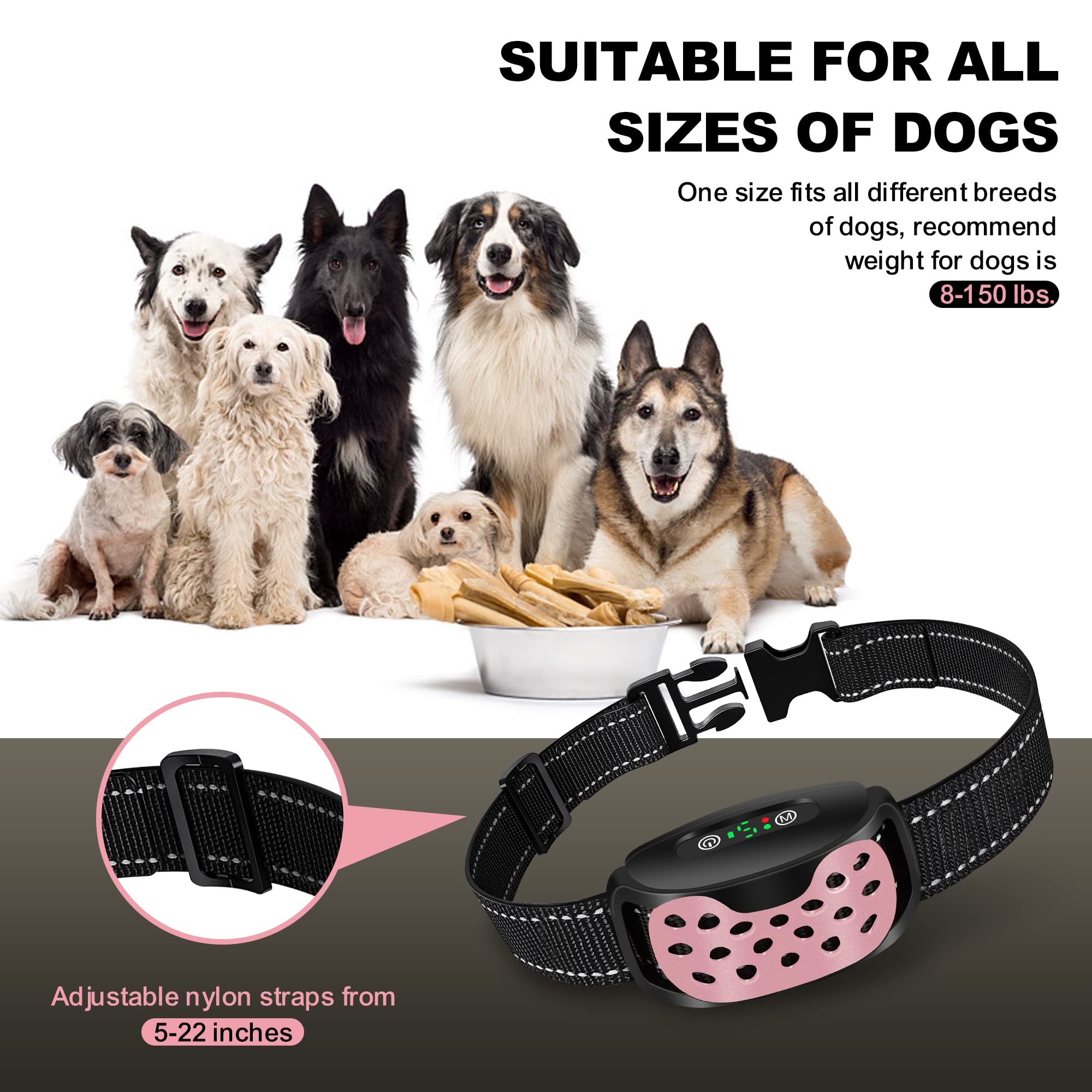 Collare Anti Abbaiamento per Cani, Ricaricabile e a Vibrazione - Impermeabile IP67 per Cuccioli e Adulti - Efficace e Confortevole - Rosa