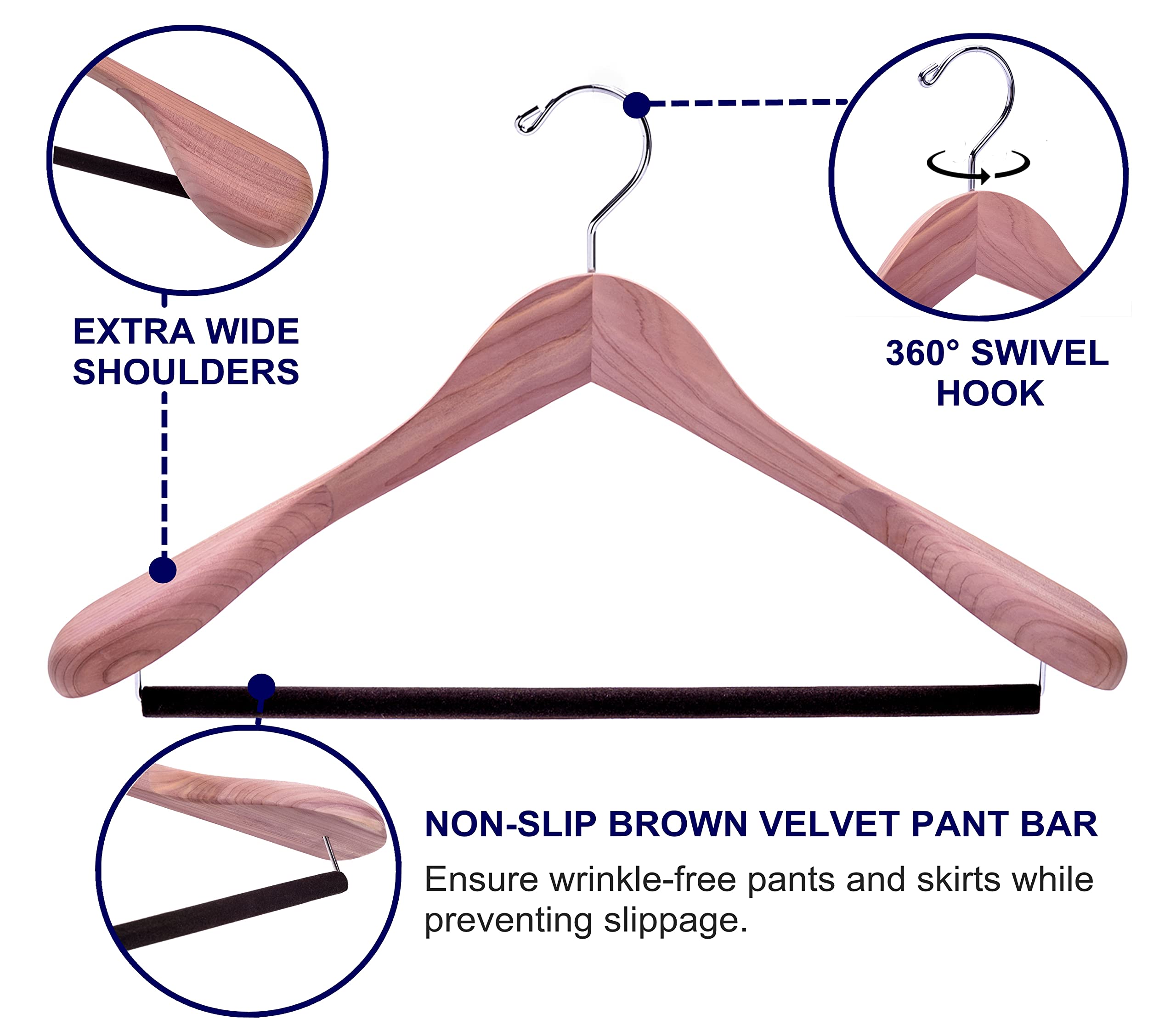 Amber Home 4 Pack American Red Cedar Wood Coat, Suit Hangers with Extra Wide Shoulder, Wooden Jacket Clothes Hanger Smooth Deluxe Aromatic Natural Cedar with Non Slip Velvet Pant Bar