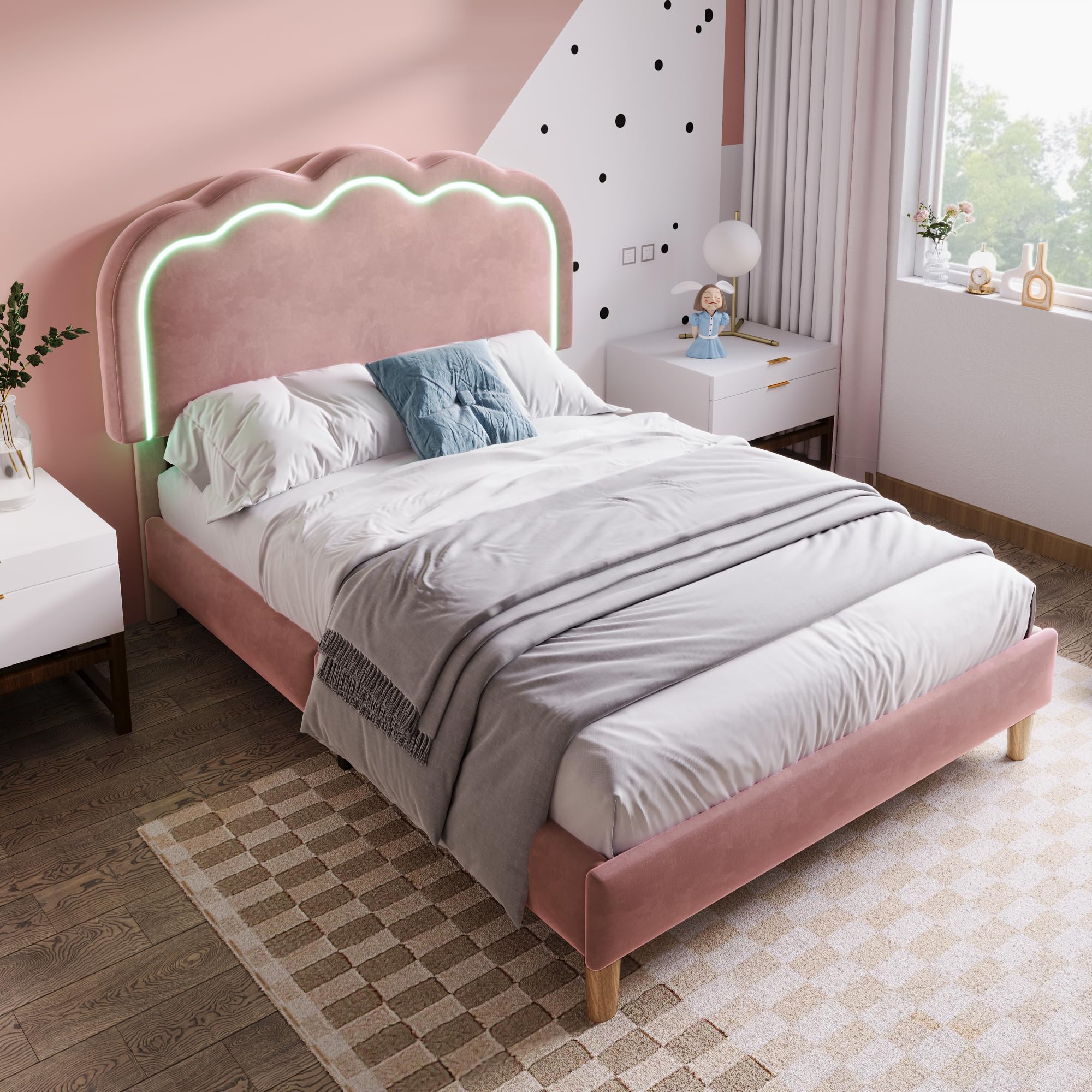 ModernLuxe 3FT Single Bed Frame with LED, Upholstered Single Bed with Wooden Slats and Adjustable Height Headboard, Suitable for Kids and Teens in Bedroom and Guest Room, Velvet, Pink, 90x190cm