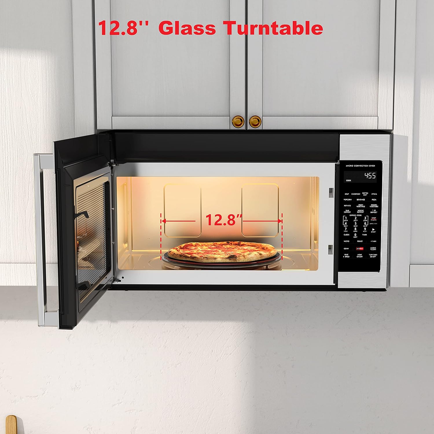 Dalaman view of Galanz microwave showing 12.8 inch glass turntable