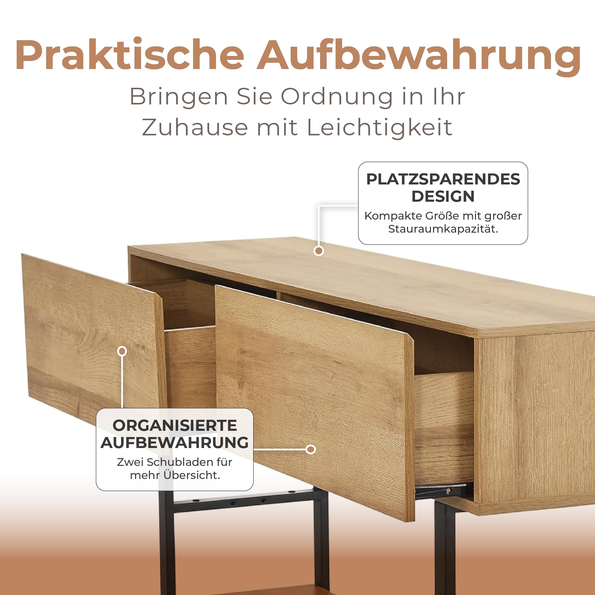 [en.casa] Konsolentisch schmal Varberg Flurtisch mit 2 Schubladen rechteckig Ablagetisch verstellbare Ablage Metallgestell 75 x 120 x 30 cm Eicheoptik