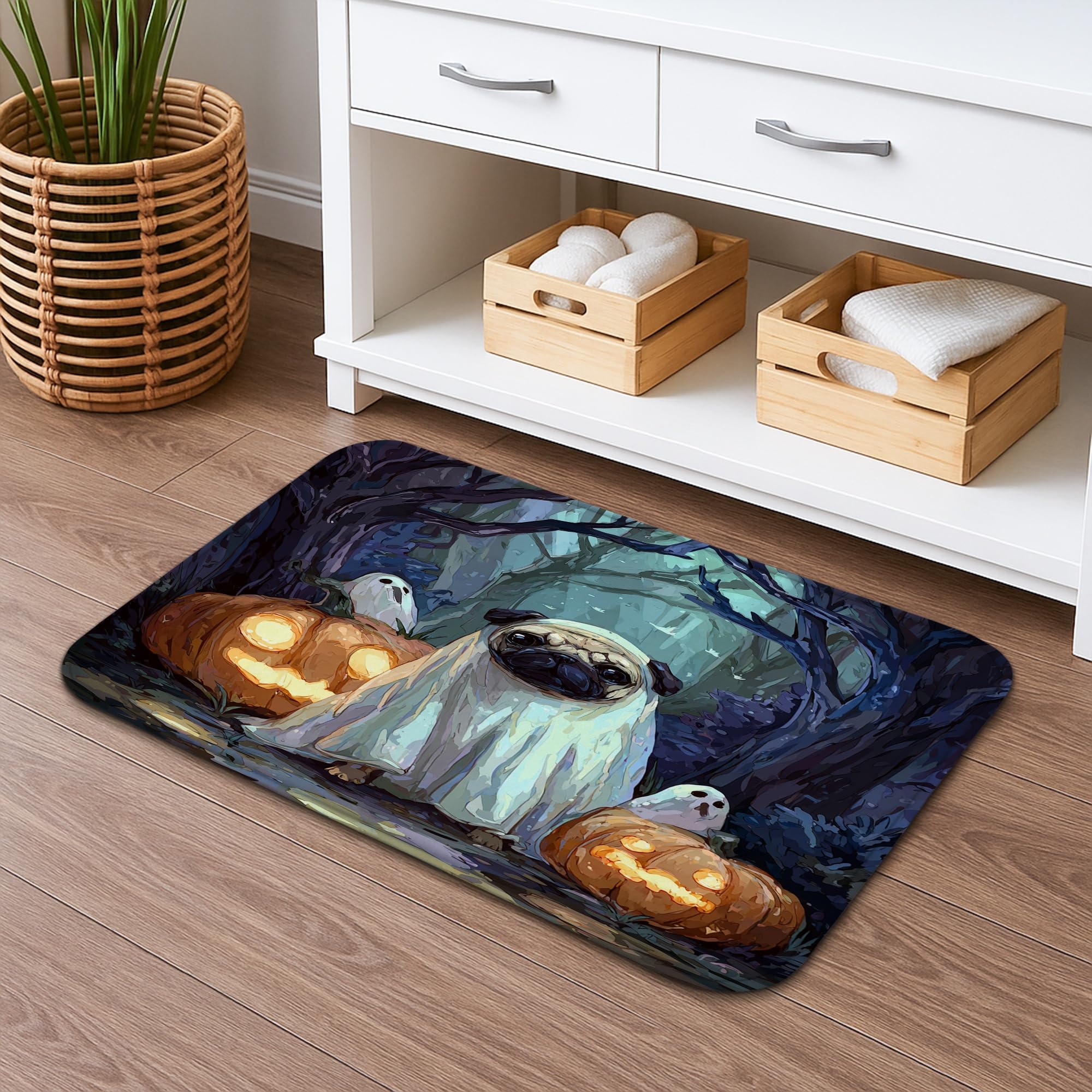 Halloween Ghost Dog Bath Mat, Spooky Pug with Pumpkins Absorbent Non Slip Shower Mat, Autumn Memory Foam Washable Bath Rugs for Bathroom Toilet