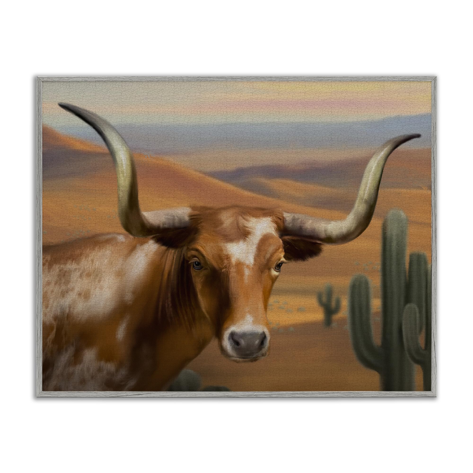 Stupell Industries Farmhouse Gray (Textured) 'Longhorn Western Landscape'| Framed Giclee Art