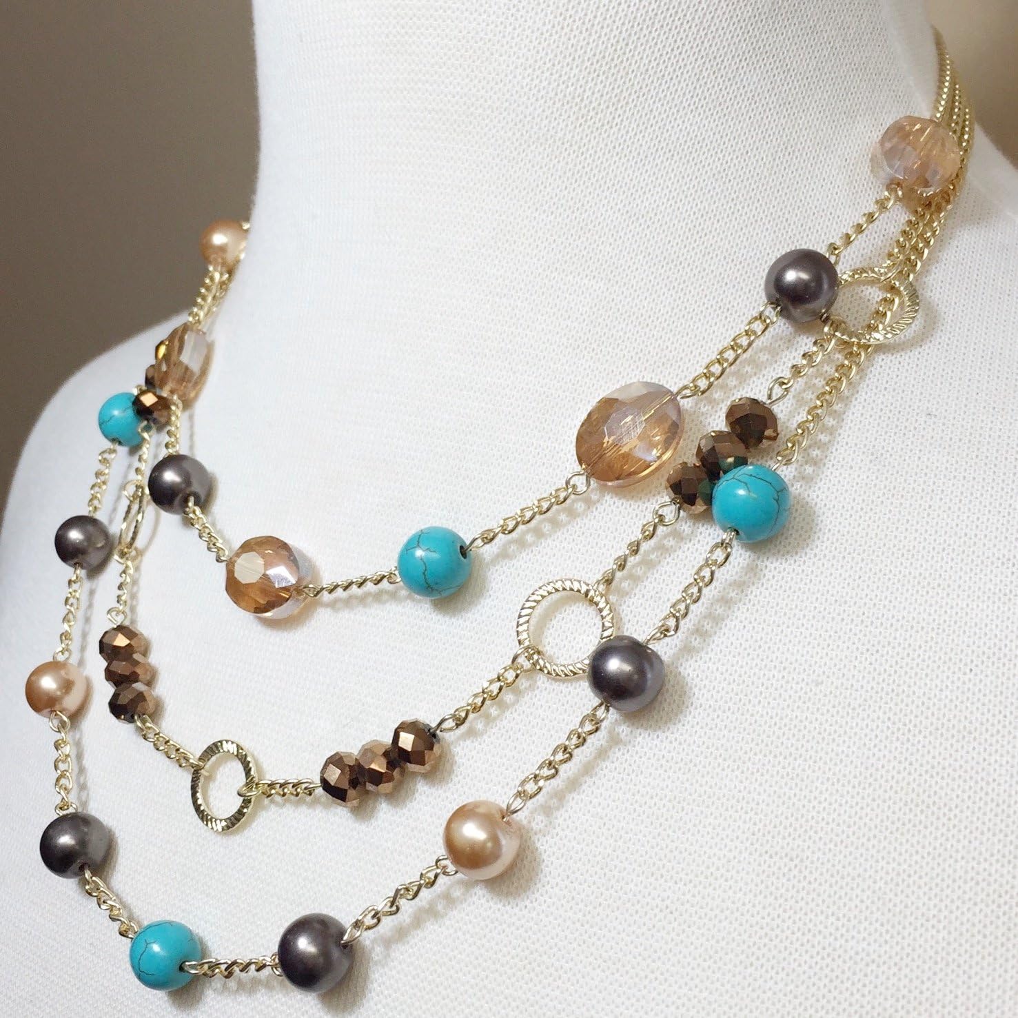 Gypsy Jewels 3 Row Layered Simulated Pearl Beaded Necklace and Earrings Set - Assorted Colors (Simulated Turquoise & Brown)