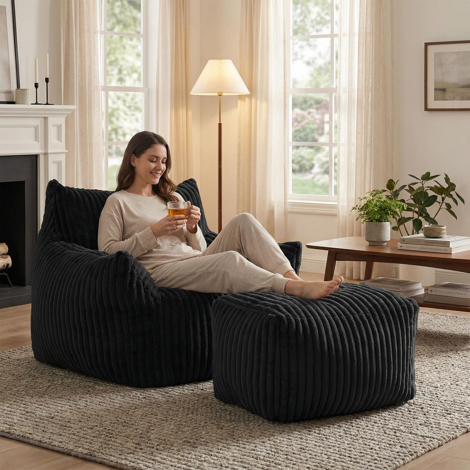 GRAVFORCE Schlafsofa mit Rückenlehne und Fußstütze, XXL Sitzsack Sessel mit Hocker für Erwachsene, Relaxsessel Lazy Sofa, Indoor-Sitzkissen für Schlafzimmer Wohnzimmer, Wintergarten Schwarz