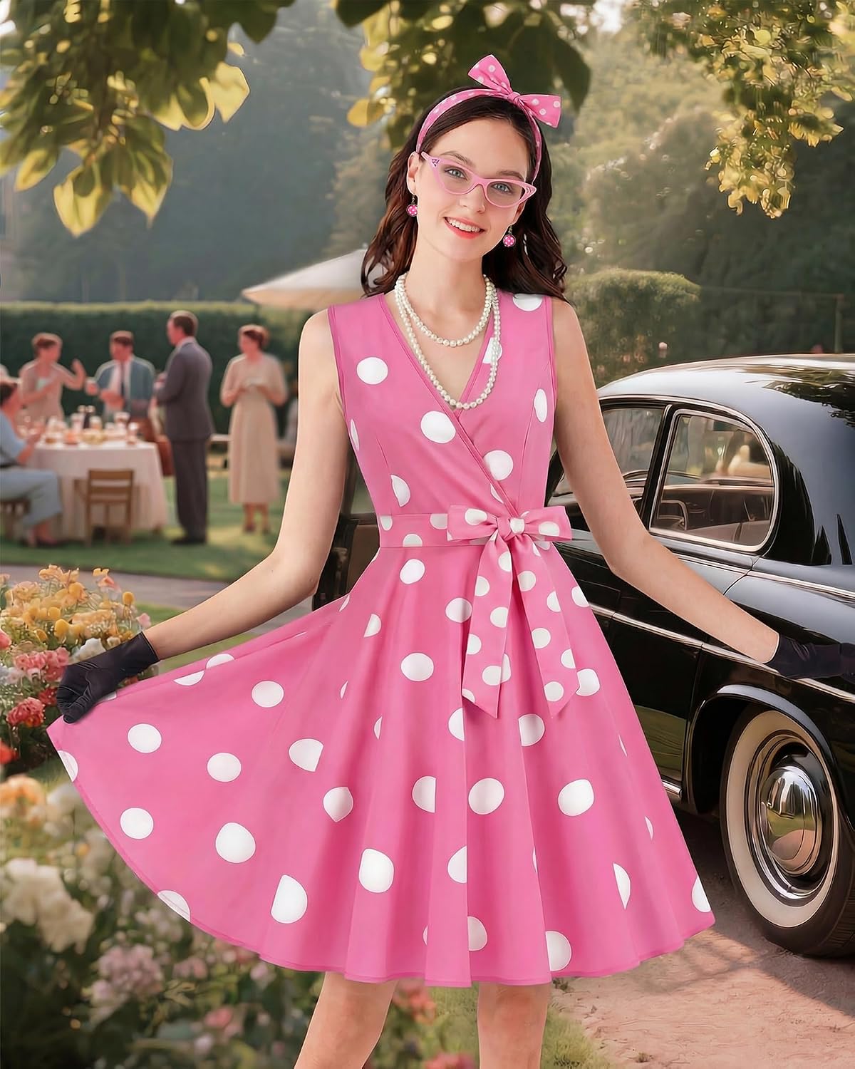 VillbeCoser 1950s Polka Dots Dress Women V-Neck Sleeveless Swing Vintage Cocktail Tea Party Dresses Retro Accessories