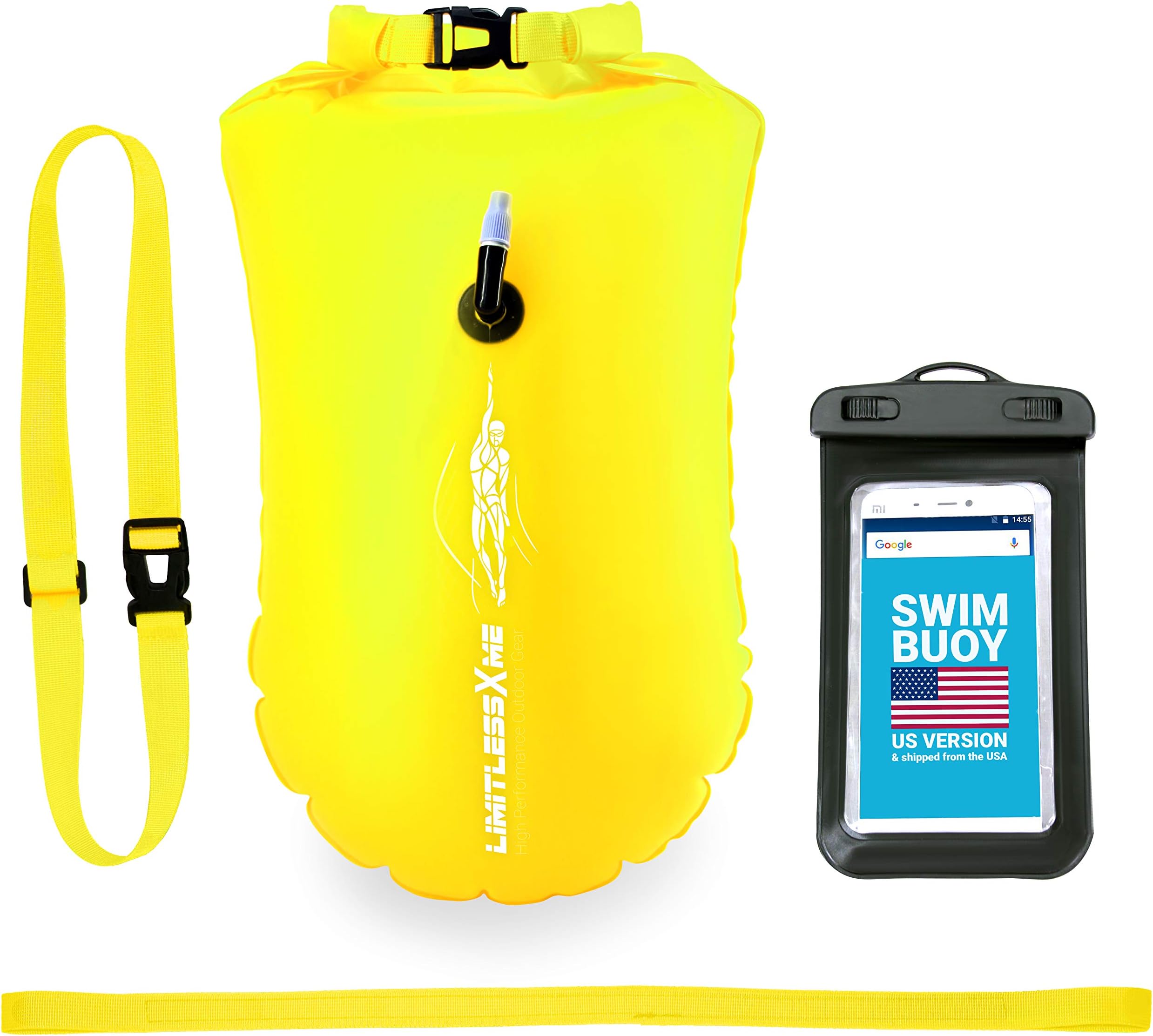 LimitlessXme Swim Buoy & Drybag - Safety for Swimmers, Open Water and Triathlon. Pull Buoy for Adults and Kids. Yellow Signal Swimming Bubble
