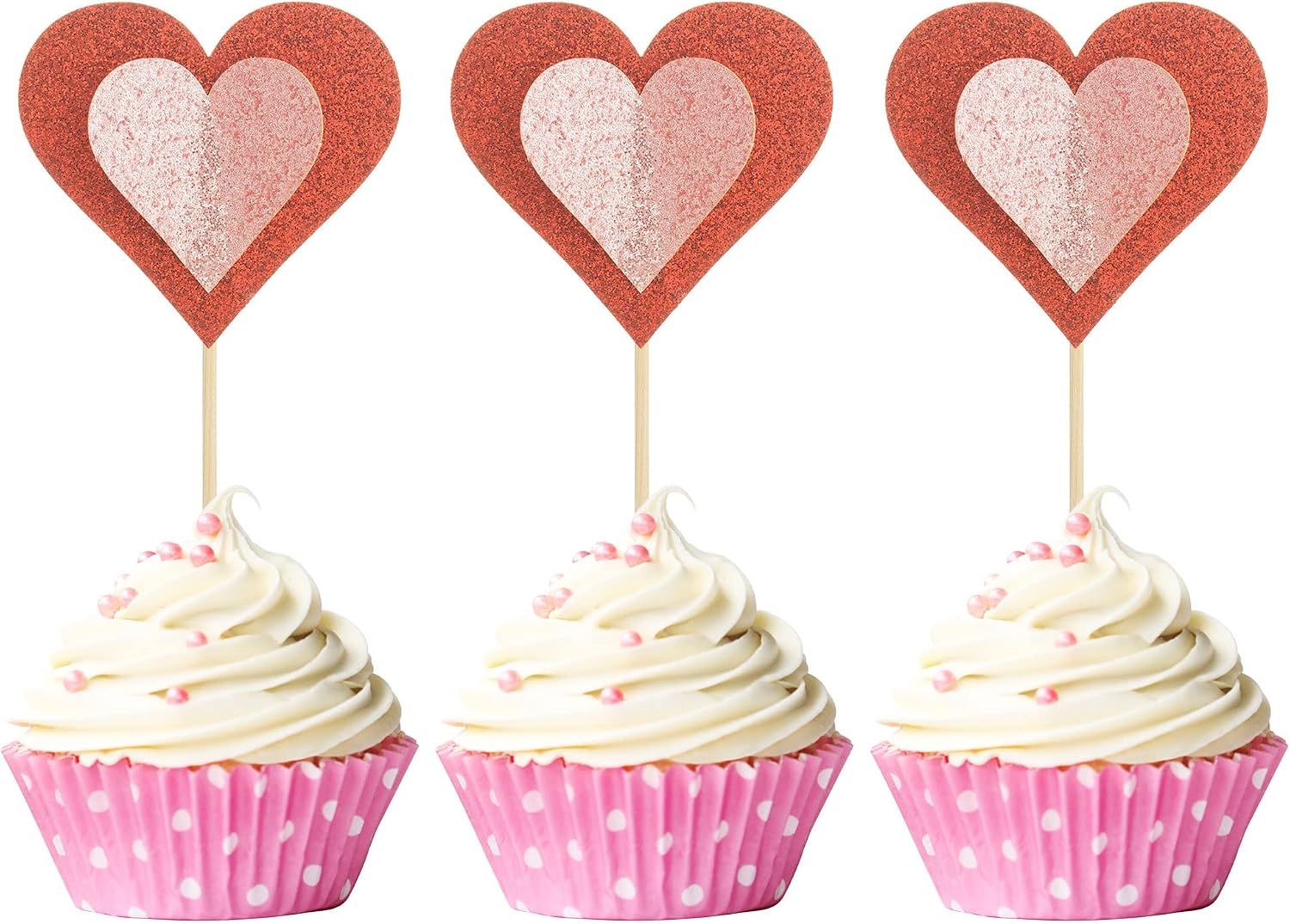 Gyufise 24 Pack Valentine's Day Heart Cupcake Toppers Red Pink Glitter Double Layers 3D Love Cake Picks Decorations for Valentine's Day Theme Wedding Baby Shower Birthday Party Supplies
