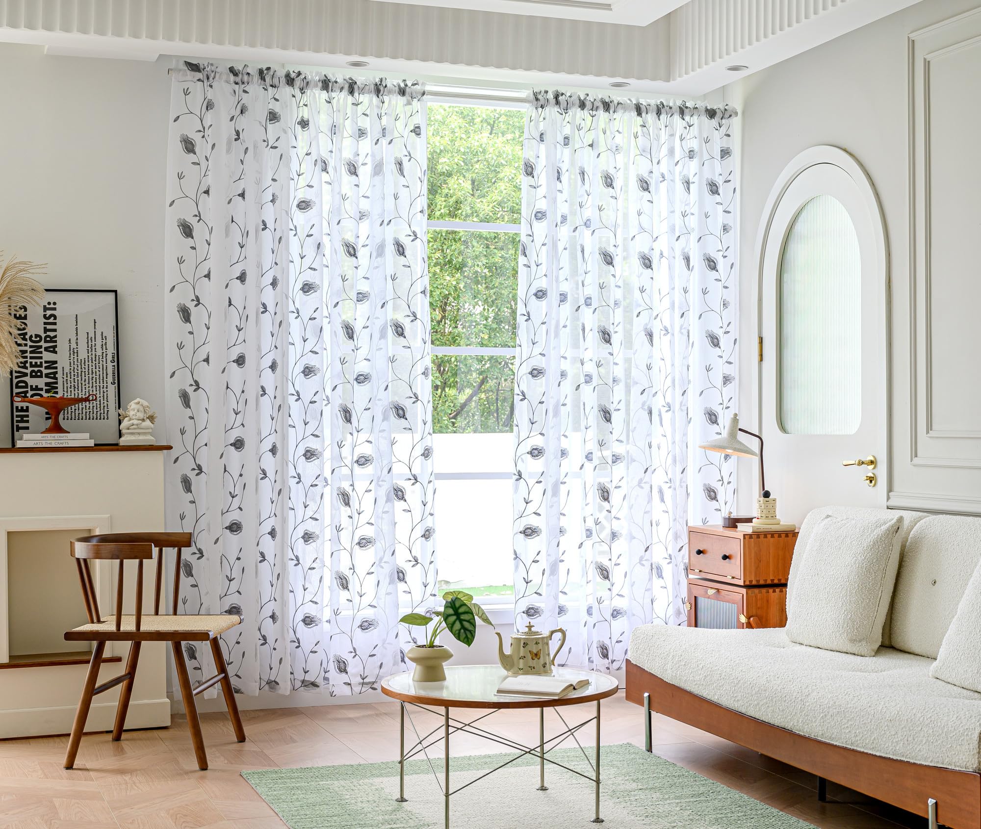 White-Grey Sheer Curtains 84 Inches Long, Floral Embroidered Rod Pocket Sheer Drapes for Living room, Bedroom, 2 Panels, 52"x 84", Semi Crinkle Voile