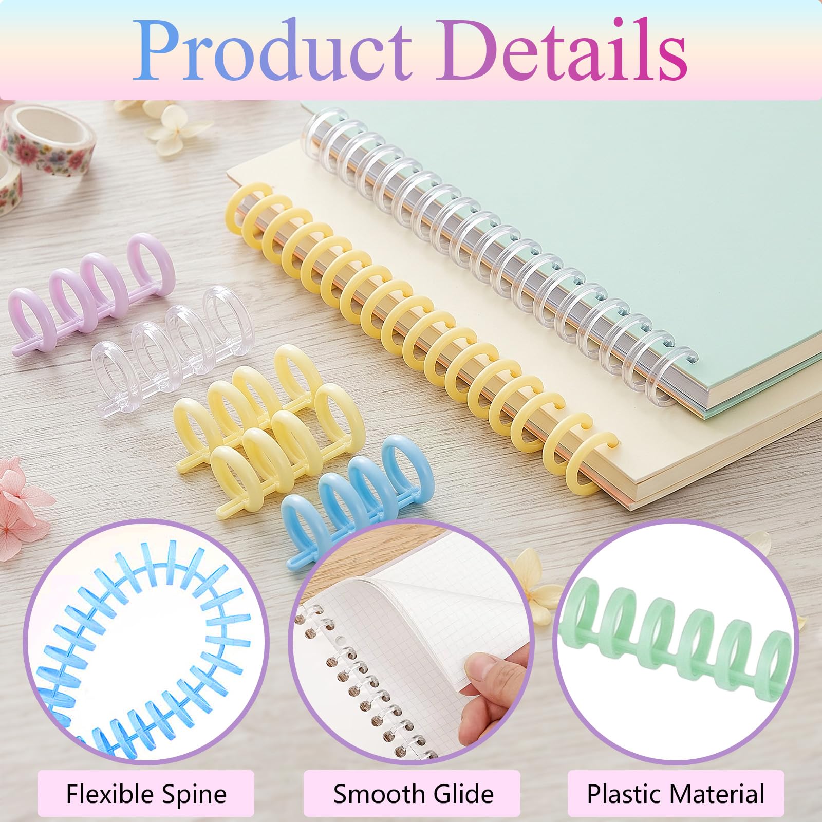 Dorsi a pettine per rilegatura, 30 anelli da 1,3 cm di diametro, spirali in plastica, dorso 3:1, per documenti e quaderni, capacità 85 fogli, 8 colori