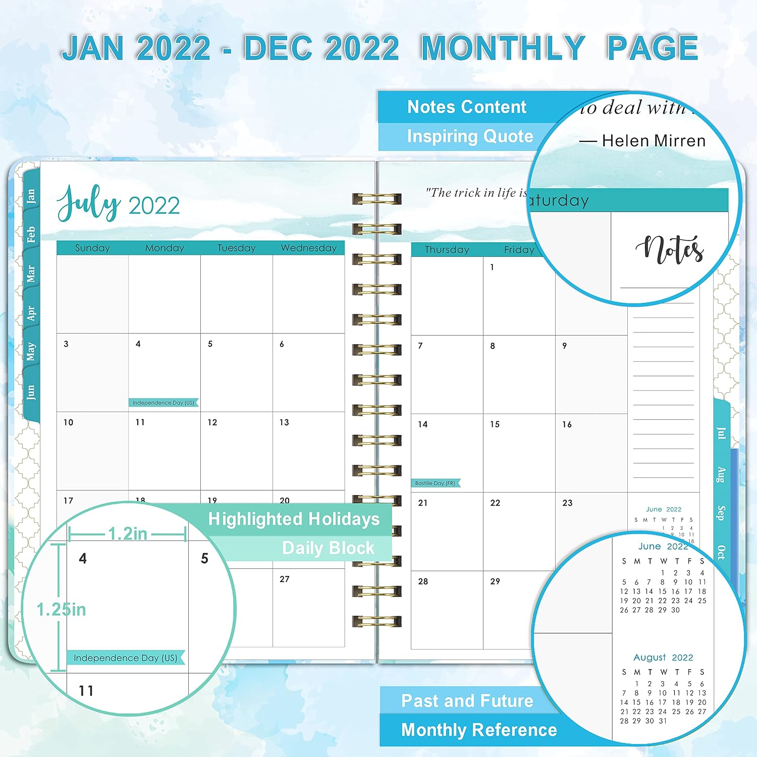 2022 Planner - Planner 2022 Weekly & Monthly with Tabs, January 2022 - December 2022, 6.3" x 8.4", Hardcover with Back Pocket + Thick Paper + Twin-Wire Binding - Blue Watercolor
